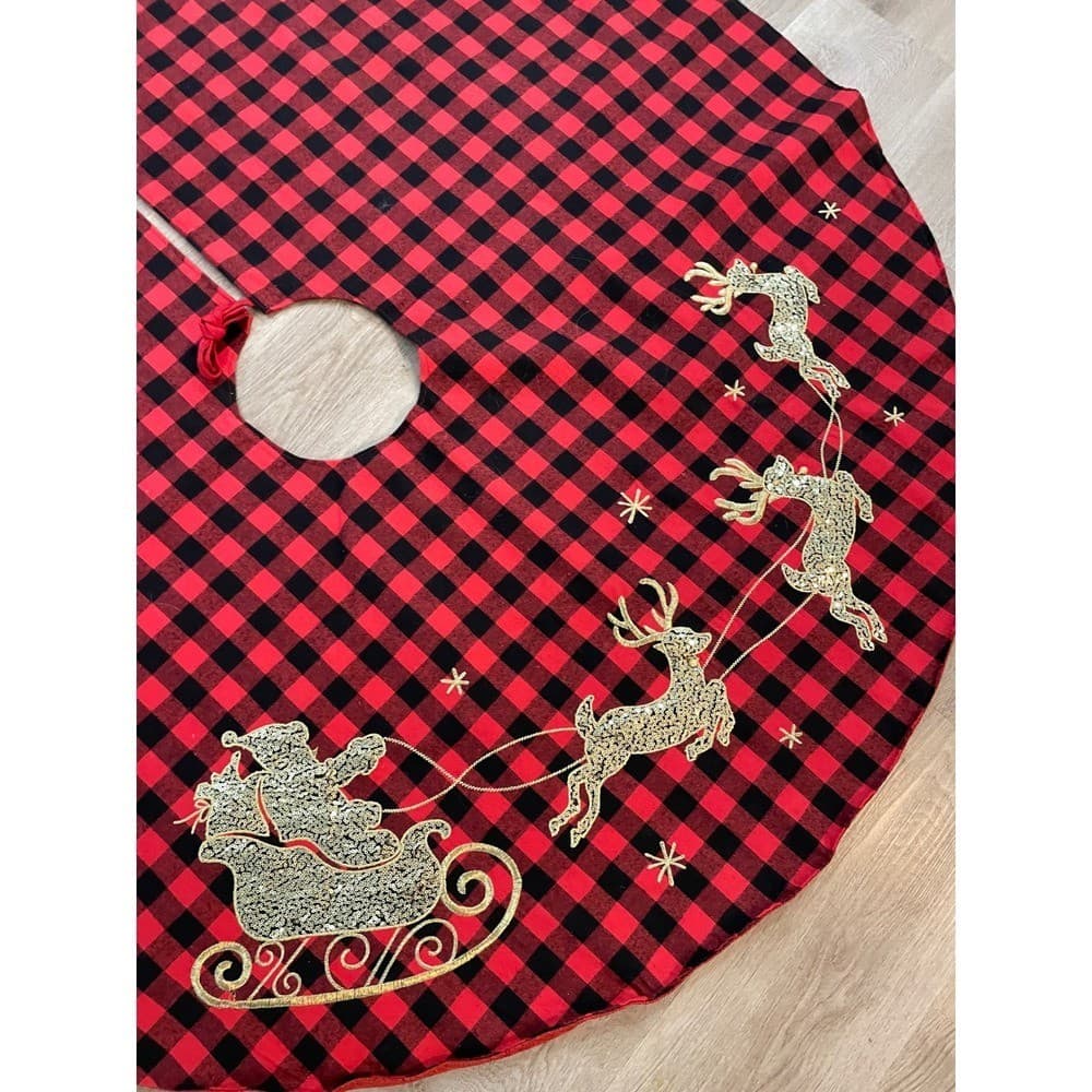 Jingles Joy Red Black Buffalo Plaid Christmas Tree Skirt Santa Sleigh Reindeer - Thumbnail 9