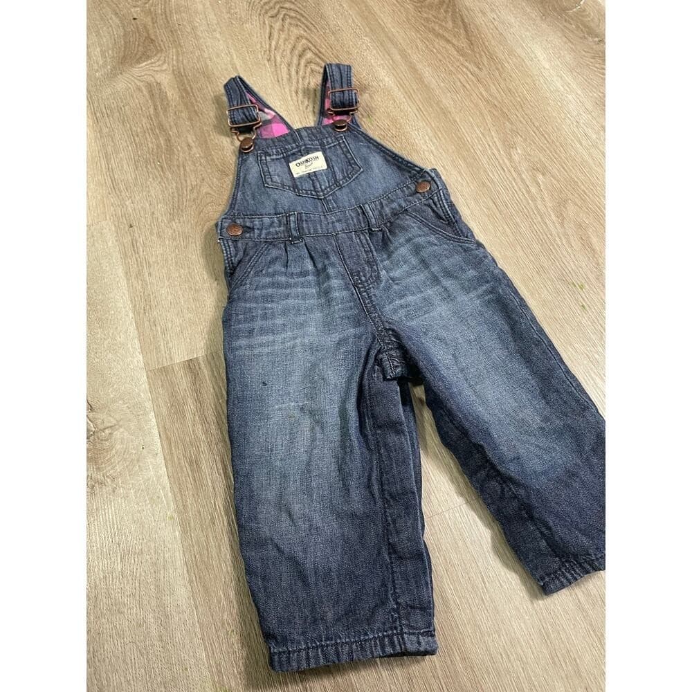 Vintage OshKosh B'gosh Infant Denim Overalls 12M Blue Jean Plaid Lined Vestbak - Thumbnail 9