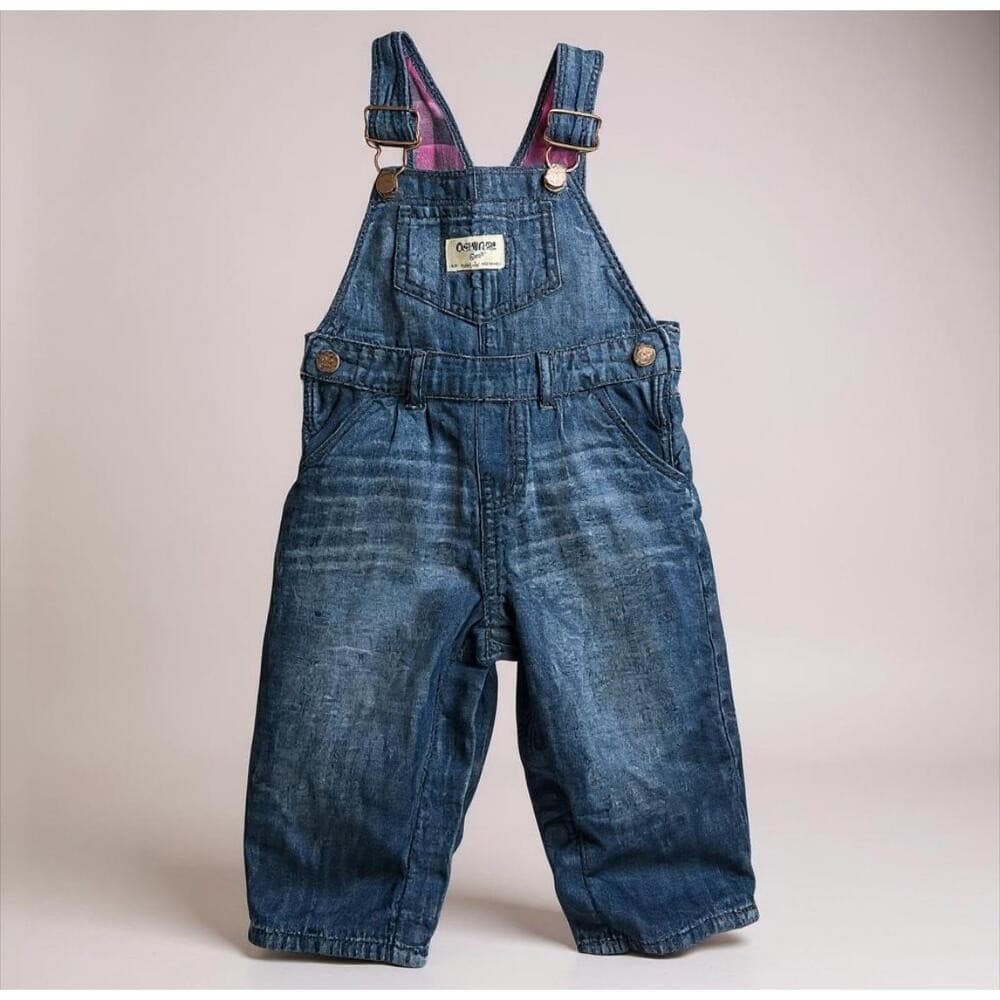 Vintage OshKosh B'gosh Infant Denim Overalls 12M Blue Jean Plaid Lined Vestbak