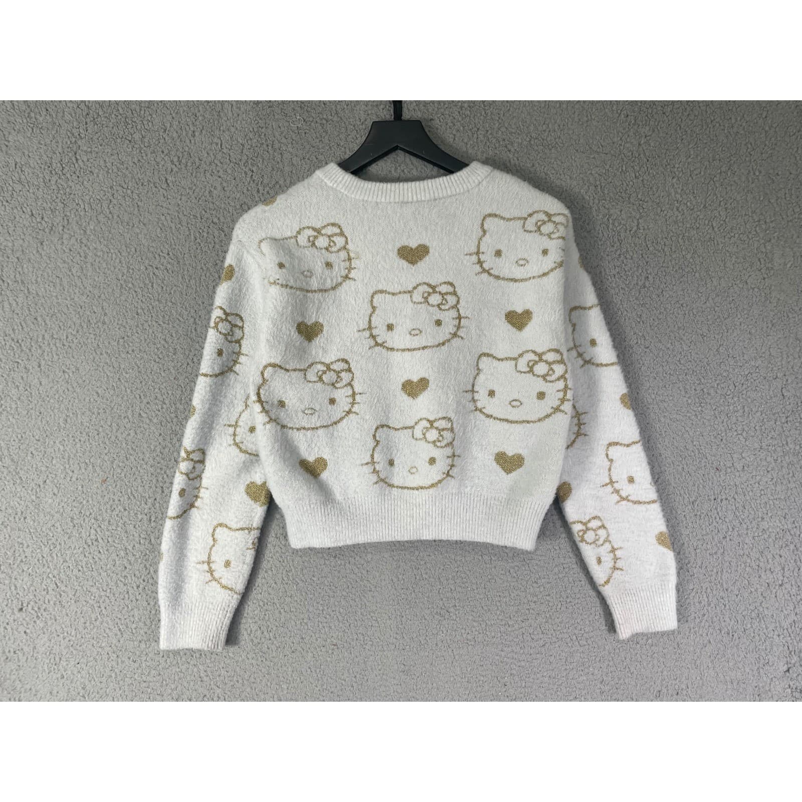 Hello Kitty Sanrio Kids Girls XL 14/16 Fuzzy Knit Sweater Gold Hearts White - Thumbnail 7