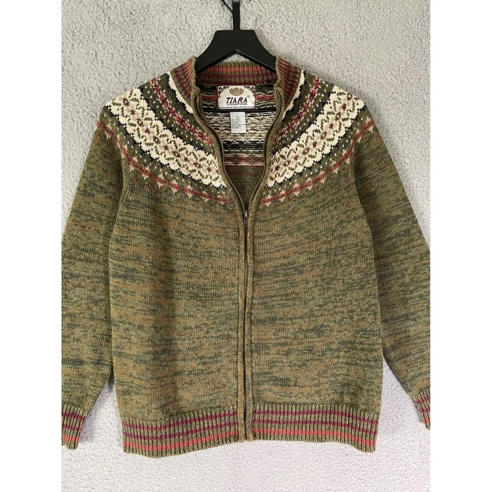 Tiara International Womens Small Zip Up Nordic Fair Isle Knit Sweater Green - Thumbnail 5
