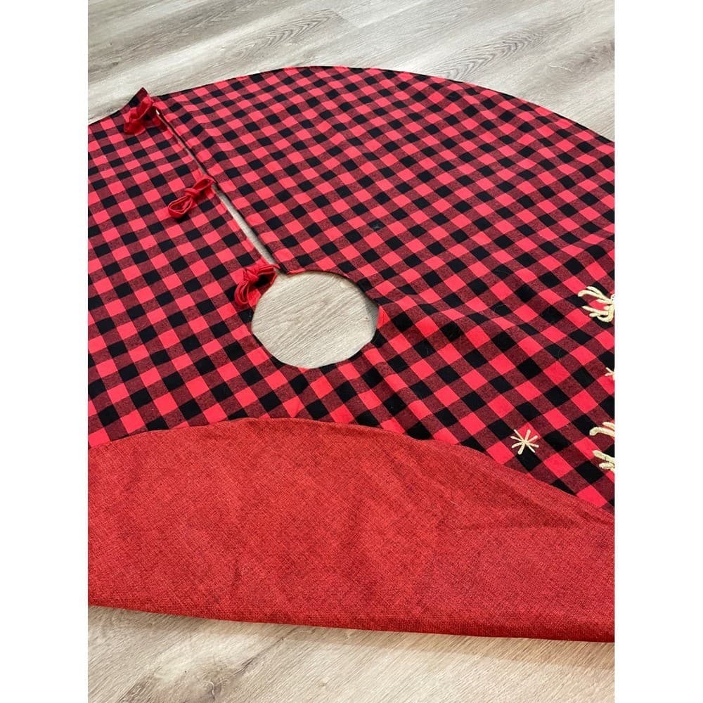 Jingles Joy Red Black Buffalo Plaid Christmas Tree Skirt Santa Sleigh Reindeer - Thumbnail 14