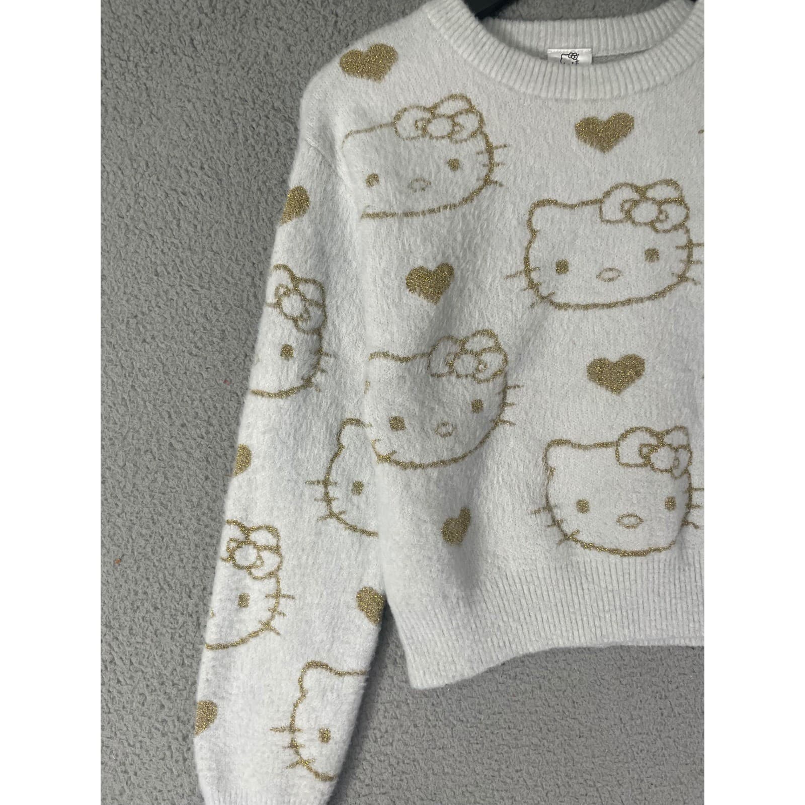 Hello Kitty Sanrio Kids Girls XL 14/16 Fuzzy Knit Sweater Gold Hearts White - Thumbnail 6