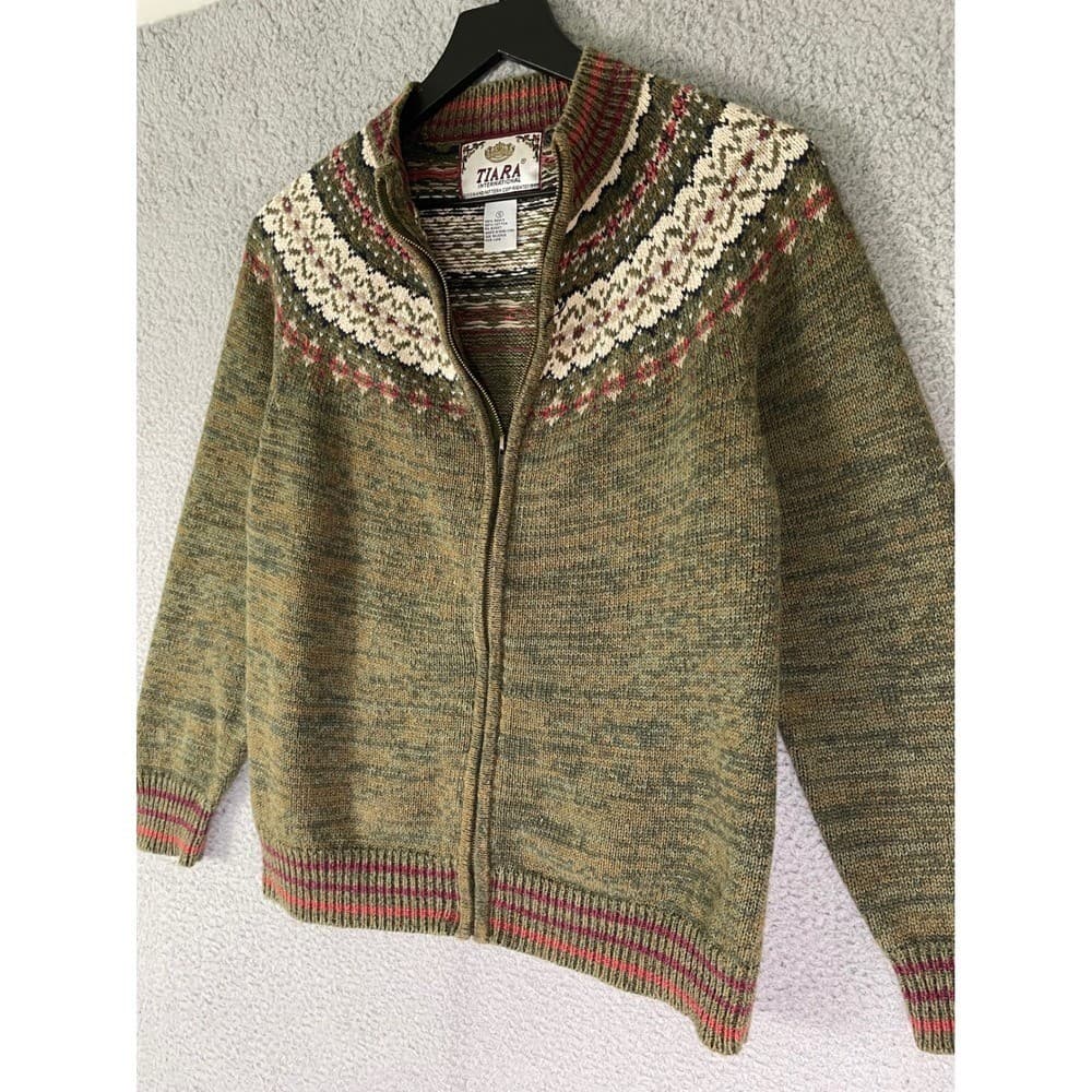 Tiara International Womens Small Zip Up Nordic Fair Isle Knit Sweater Green - Thumbnail 6