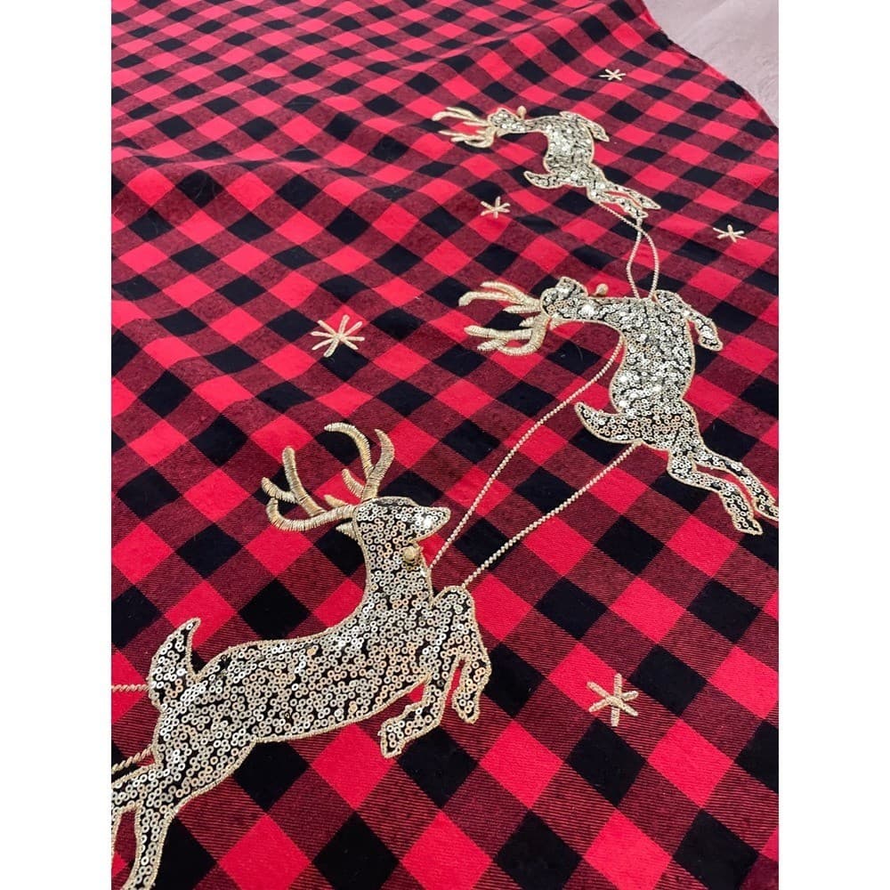 Jingles Joy Red Black Buffalo Plaid Christmas Tree Skirt Santa Sleigh Reindeer - Thumbnail 10