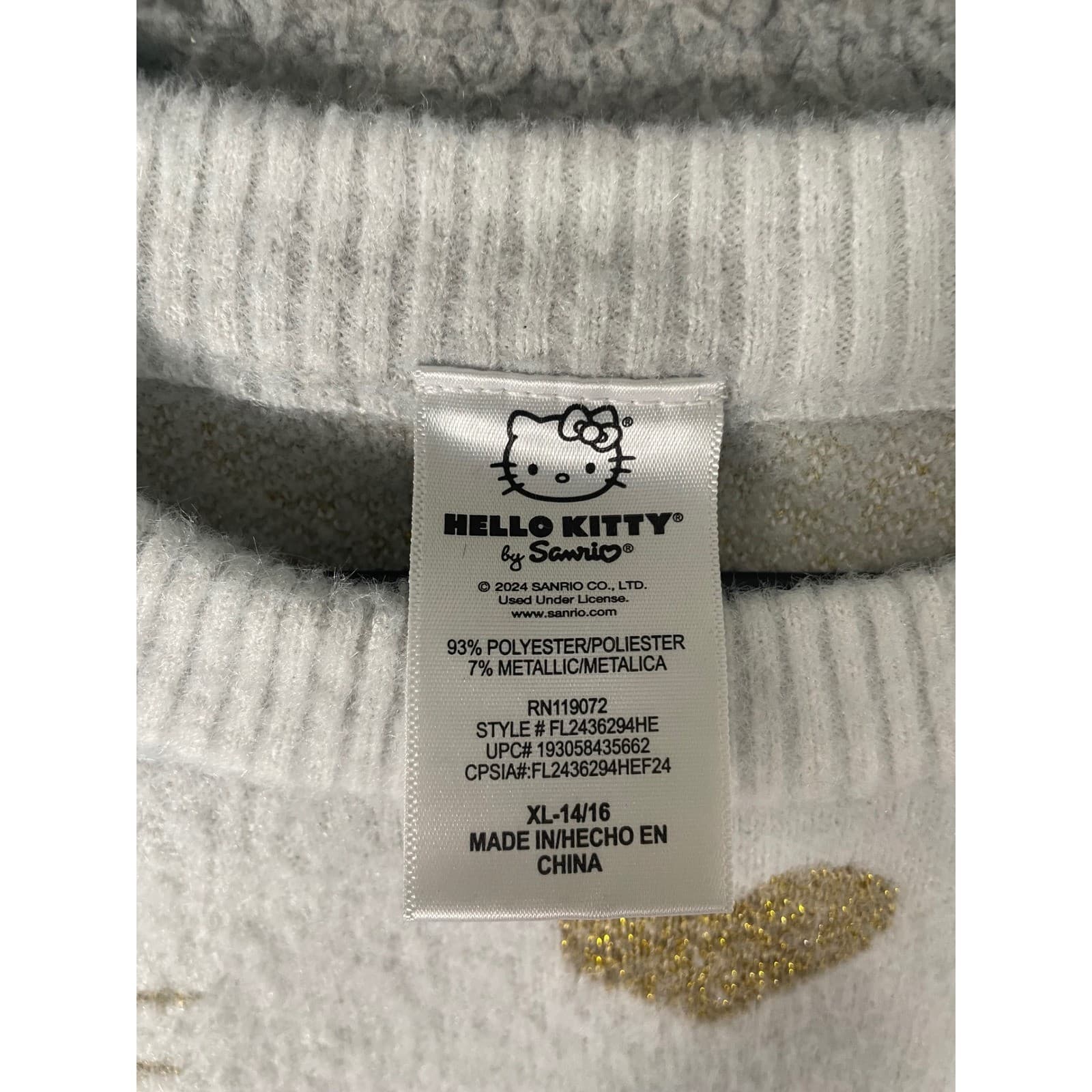 Hello Kitty Sanrio Kids Girls XL 14/16 Fuzzy Knit Sweater Gold Hearts White - Thumbnail 3