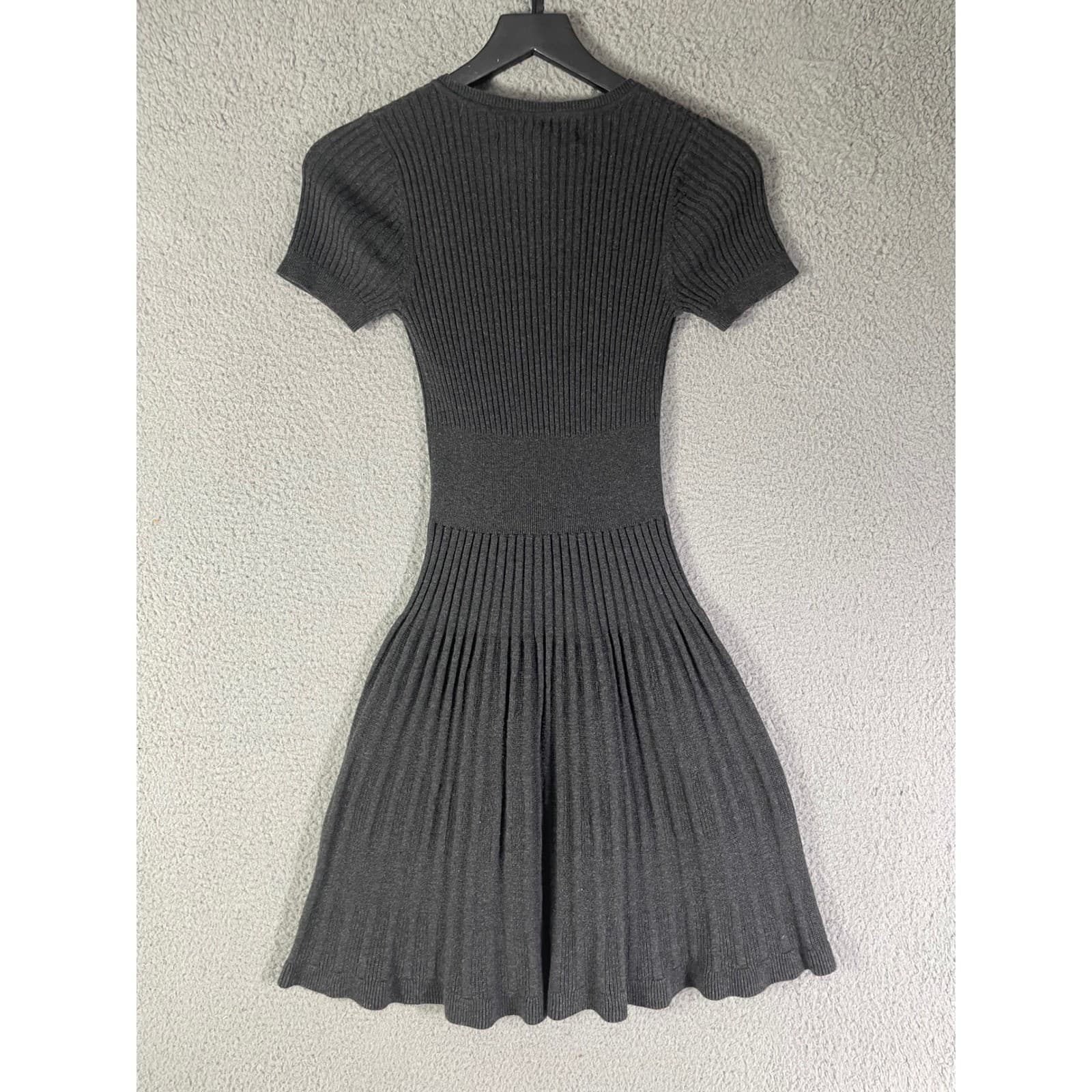 Max Studio Charcoal Grey Ribbed Knit V-Neck Fit and Flare Dress Small - Thumbnail 7