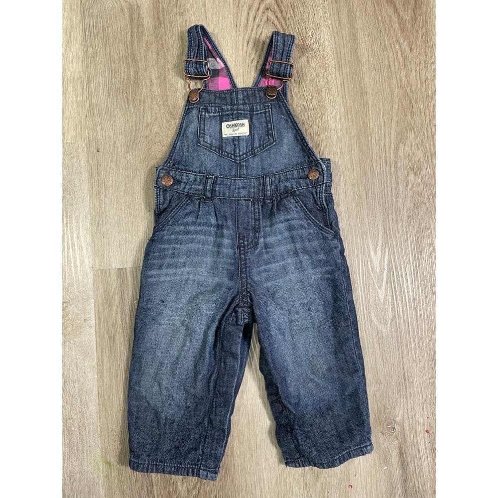 Vintage OshKosh B'gosh Infant Denim Overalls 12M Blue Jean Plaid Lined Vestbak - Thumbnail 2