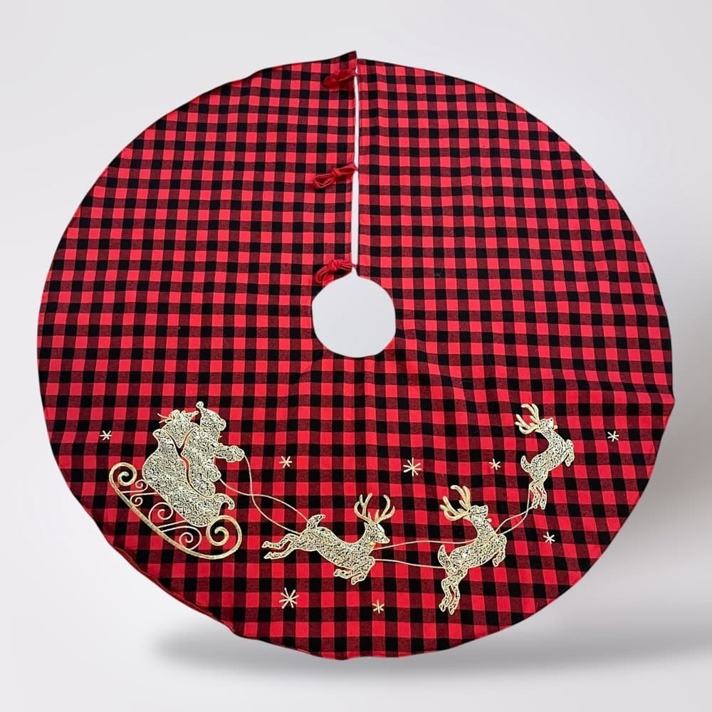 Jingles Joy Red Black Buffalo Plaid Christmas Tree Skirt Santa Sleigh Reindeer - Thumbnail 2