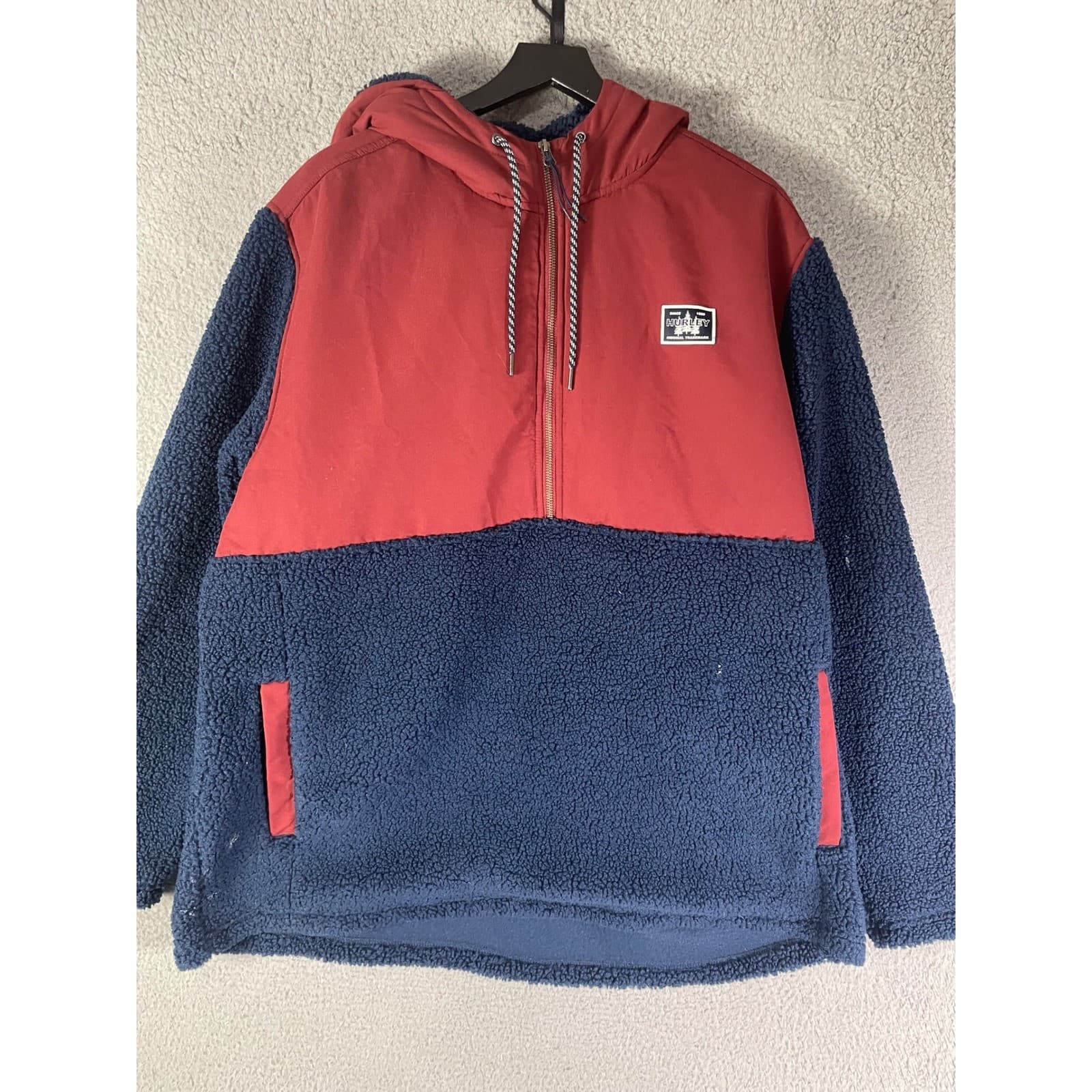 Hurley Mens XXL Sherpa Fleece Anorak Half Zip Hoodie Burgundy Navy Blue Pullover - Thumbnail 7
