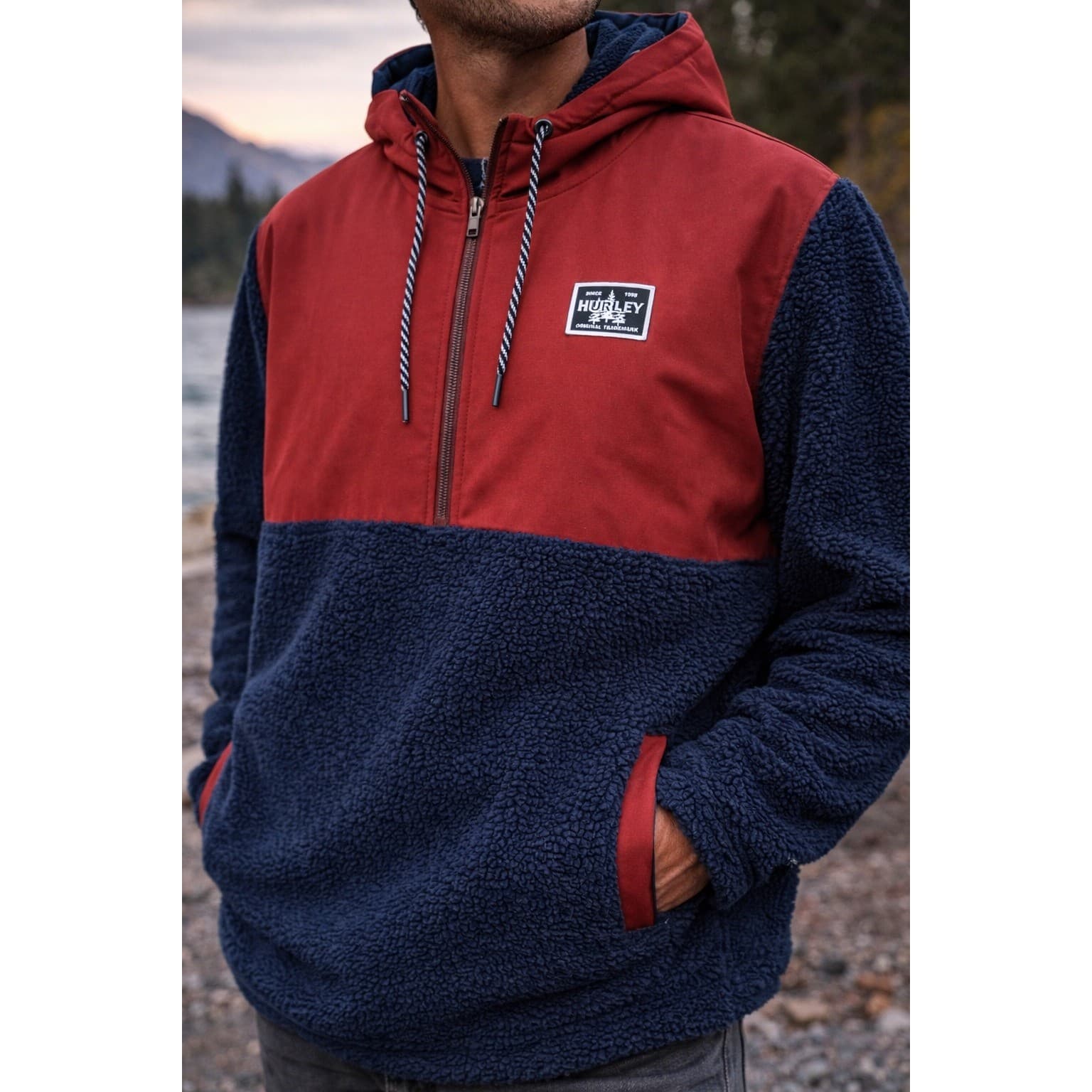 Hurley Mens XXL Sherpa Fleece Anorak Half Zip Hoodie Burgundy Navy Blue Pullover