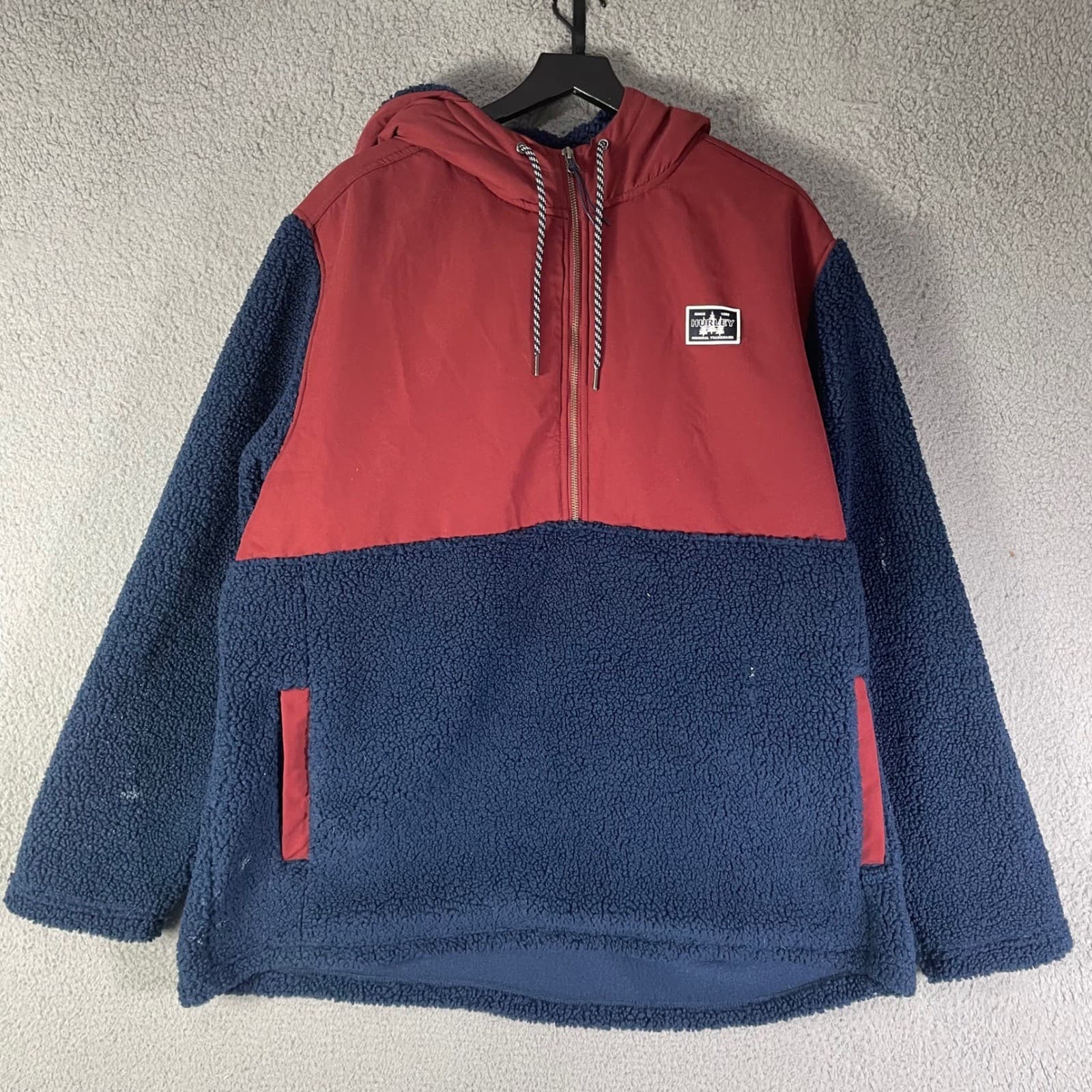 Hurley Mens XXL Sherpa Fleece Anorak Half Zip Hoodie Burgundy Navy Blue Pullover - Thumbnail 2