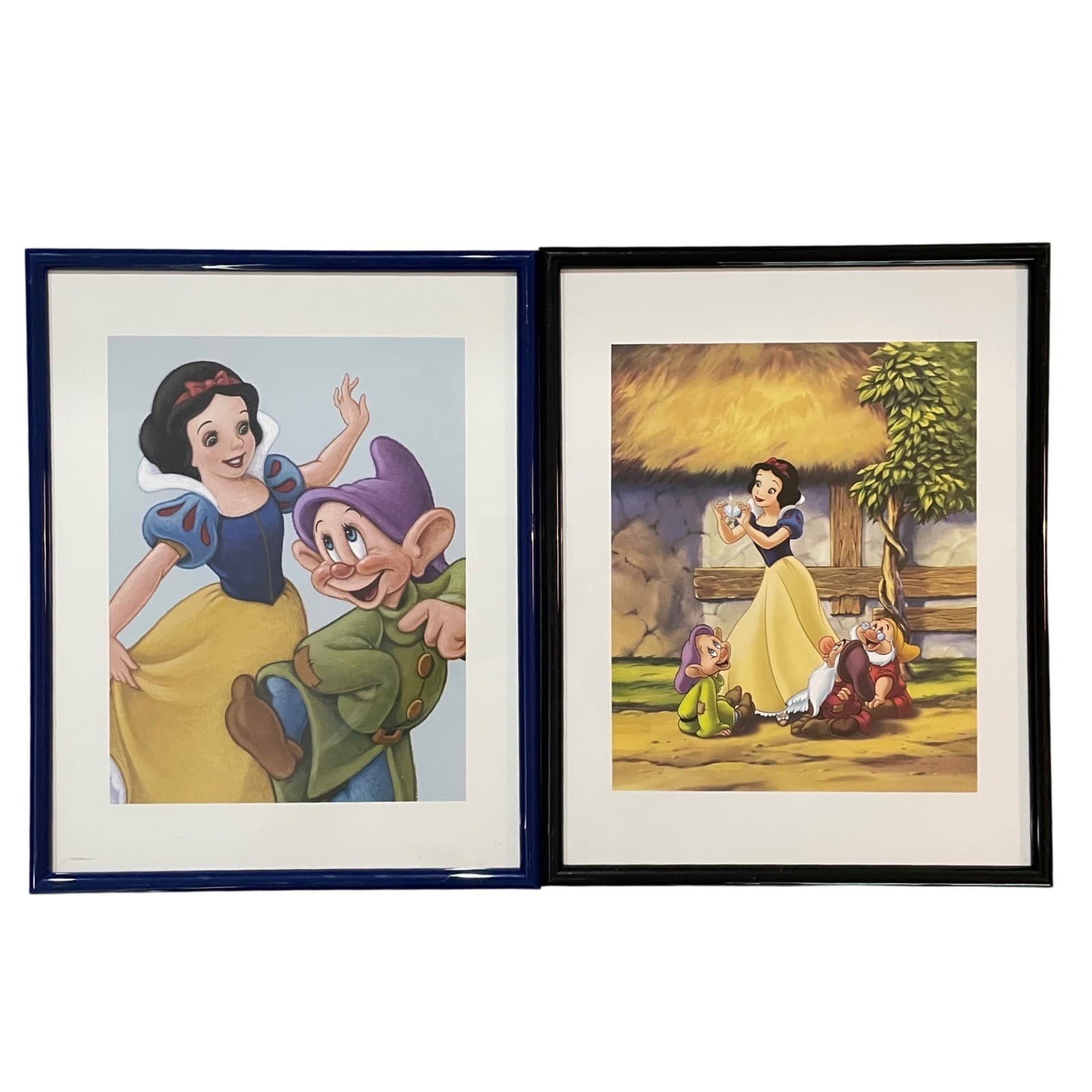 Disney Snow White Seven Dwarfs Framed Art Prints Set of 2 Vintage
