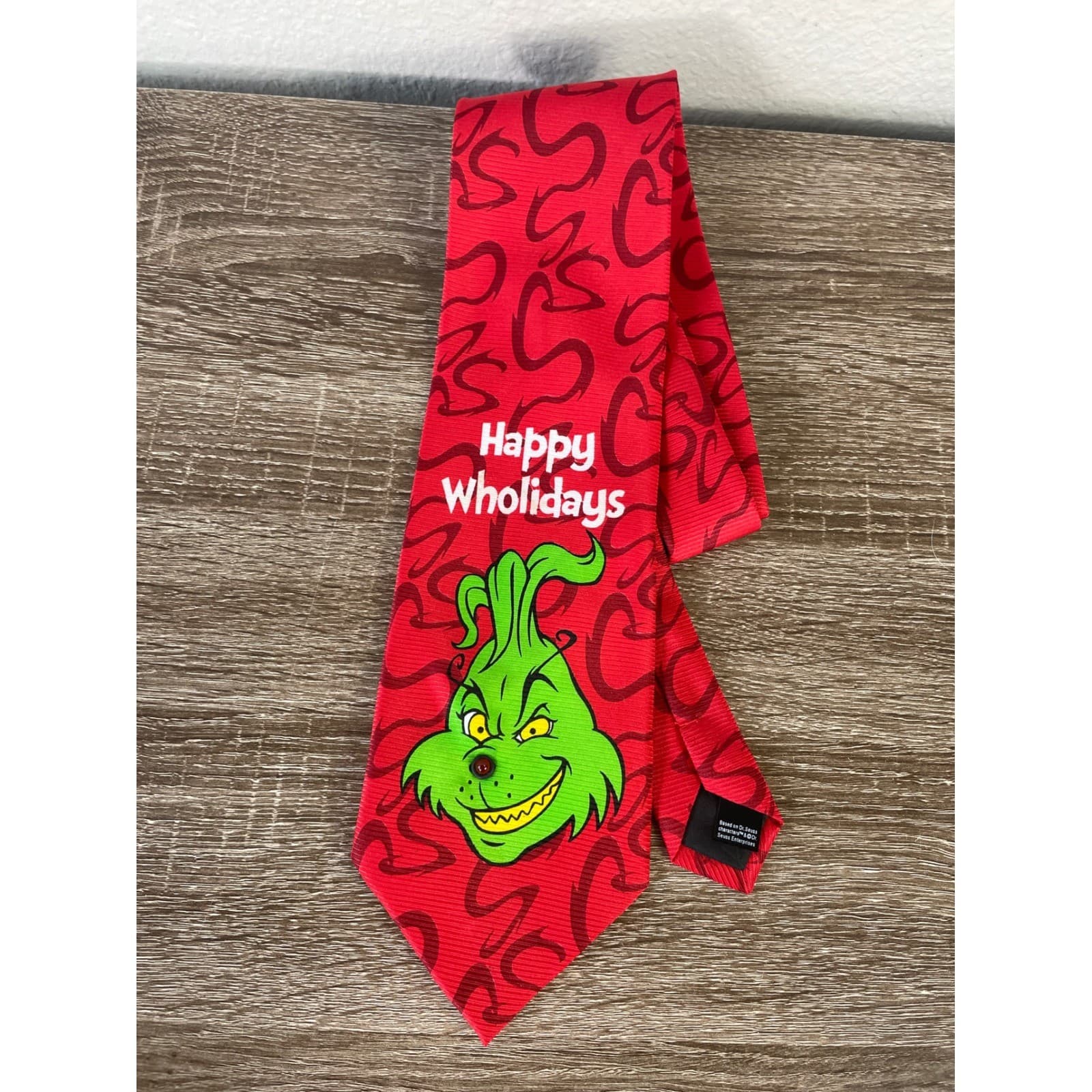 Dr Seuss How The Grinch Stole Christmas Mens Red Happy Wholidays Holiday Tie - Thumbnail 2