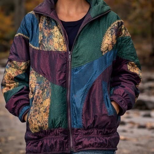 Vintage Innovations by IZZI Patchwork Tapestry Puffer Jacket Jewel Tone 90s S