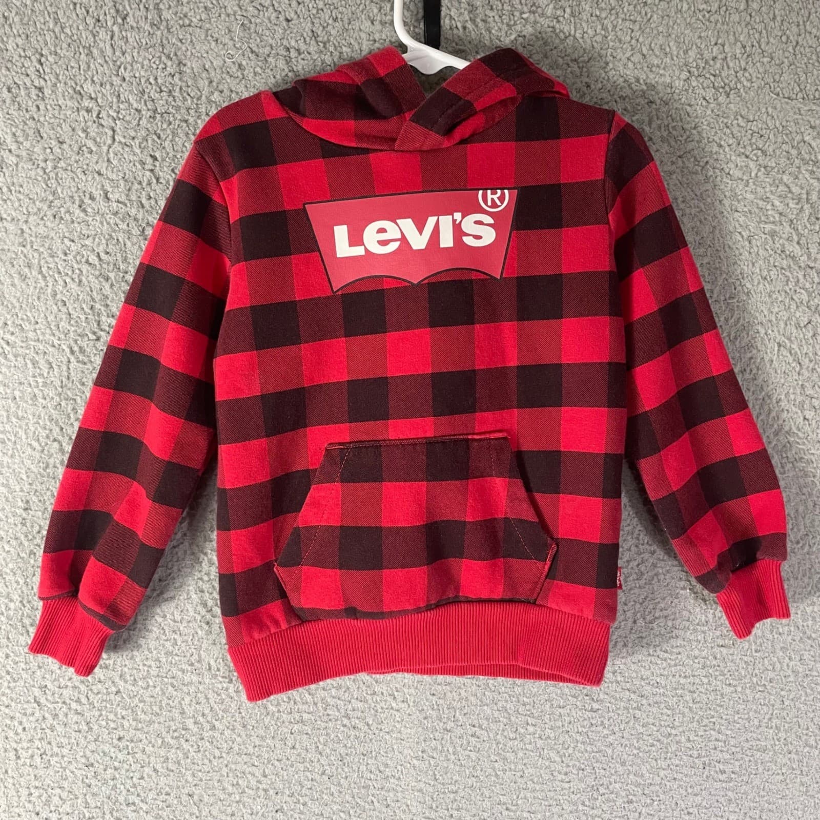 Kids Levi's Red Black Buffalo Plaid Hoodie Sweatshirt Size 3T - Thumbnail 6