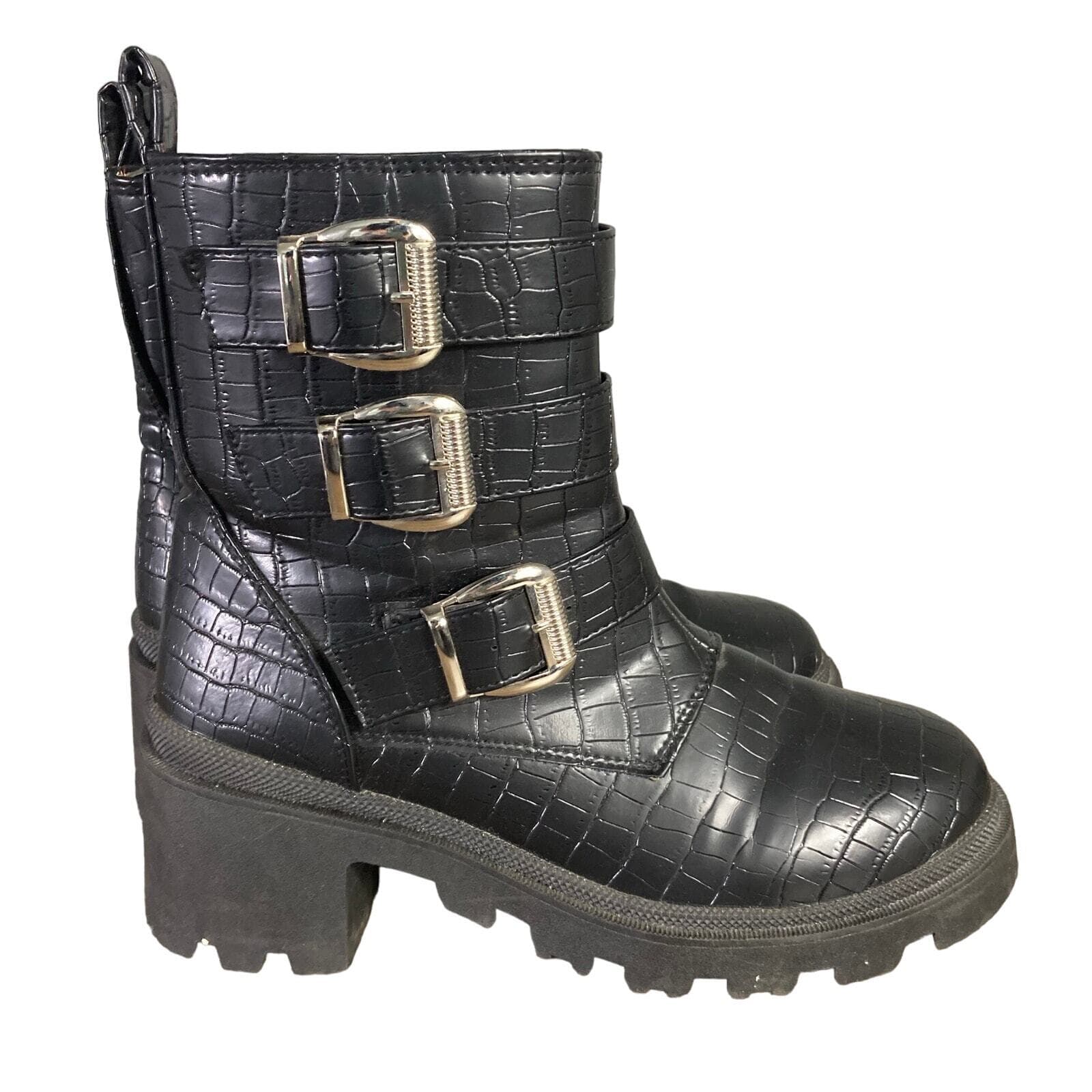 Sugar Women's Black Embossed Triple Buckle Combat Boots 7M
