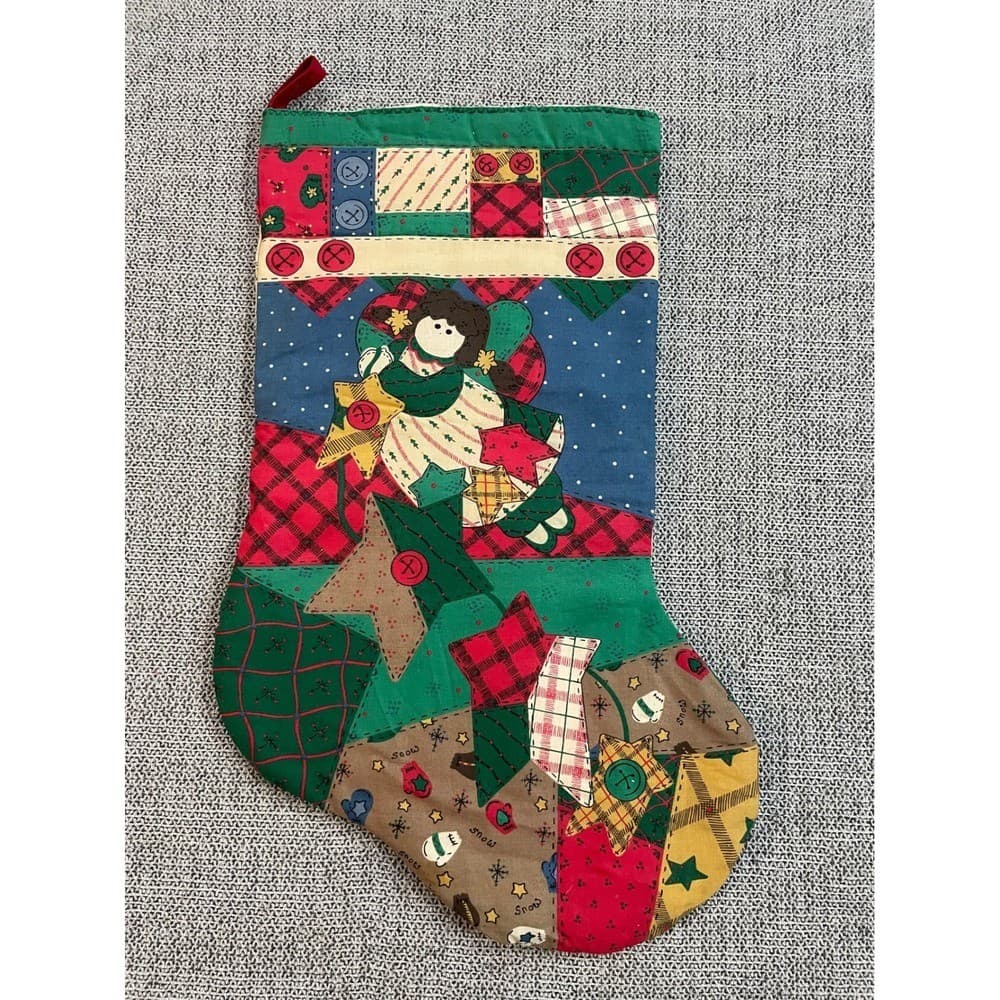 Handmade Quilted Patchwork Christmas Stocking Santa Angel Farmhouse Decor - Thumbnail 4