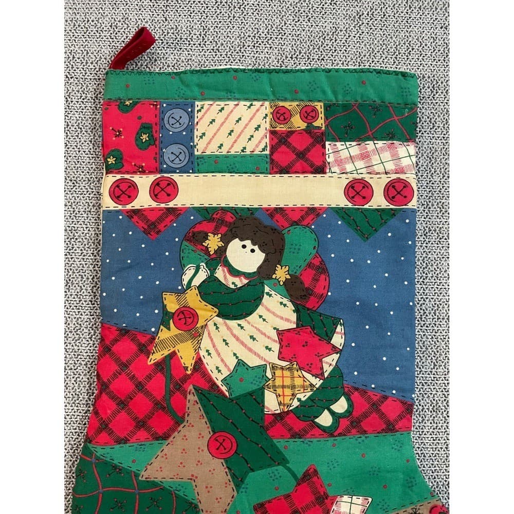 Handmade Quilted Patchwork Christmas Stocking Santa Angel Farmhouse Decor - Thumbnail 5