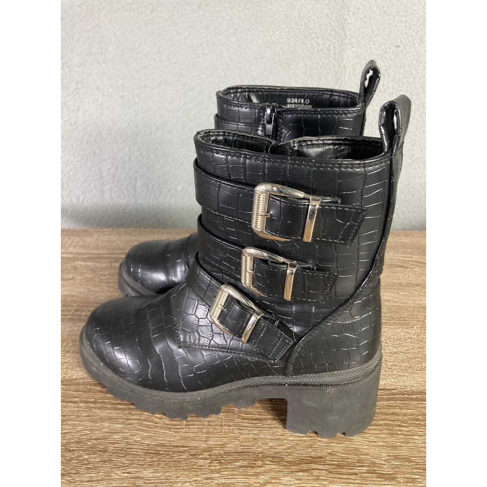 Sugar Women's Black Embossed Triple Buckle Combat Boots 7M - Thumbnail 7