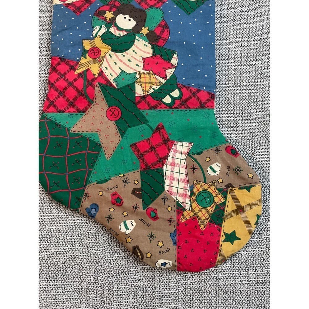 Handmade Quilted Patchwork Christmas Stocking Santa Angel Farmhouse Decor - Thumbnail 6