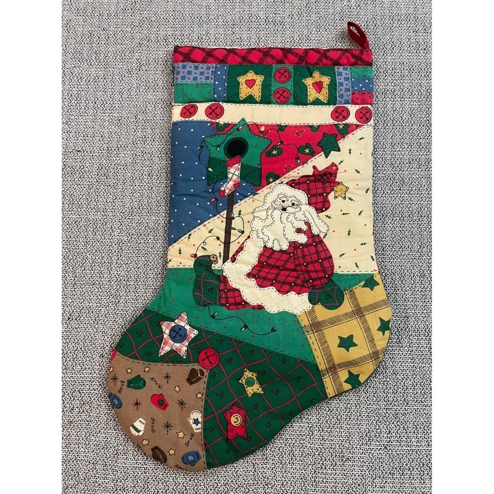 Handmade Quilted Patchwork Christmas Stocking Santa Angel Farmhouse Decor - Thumbnail 8