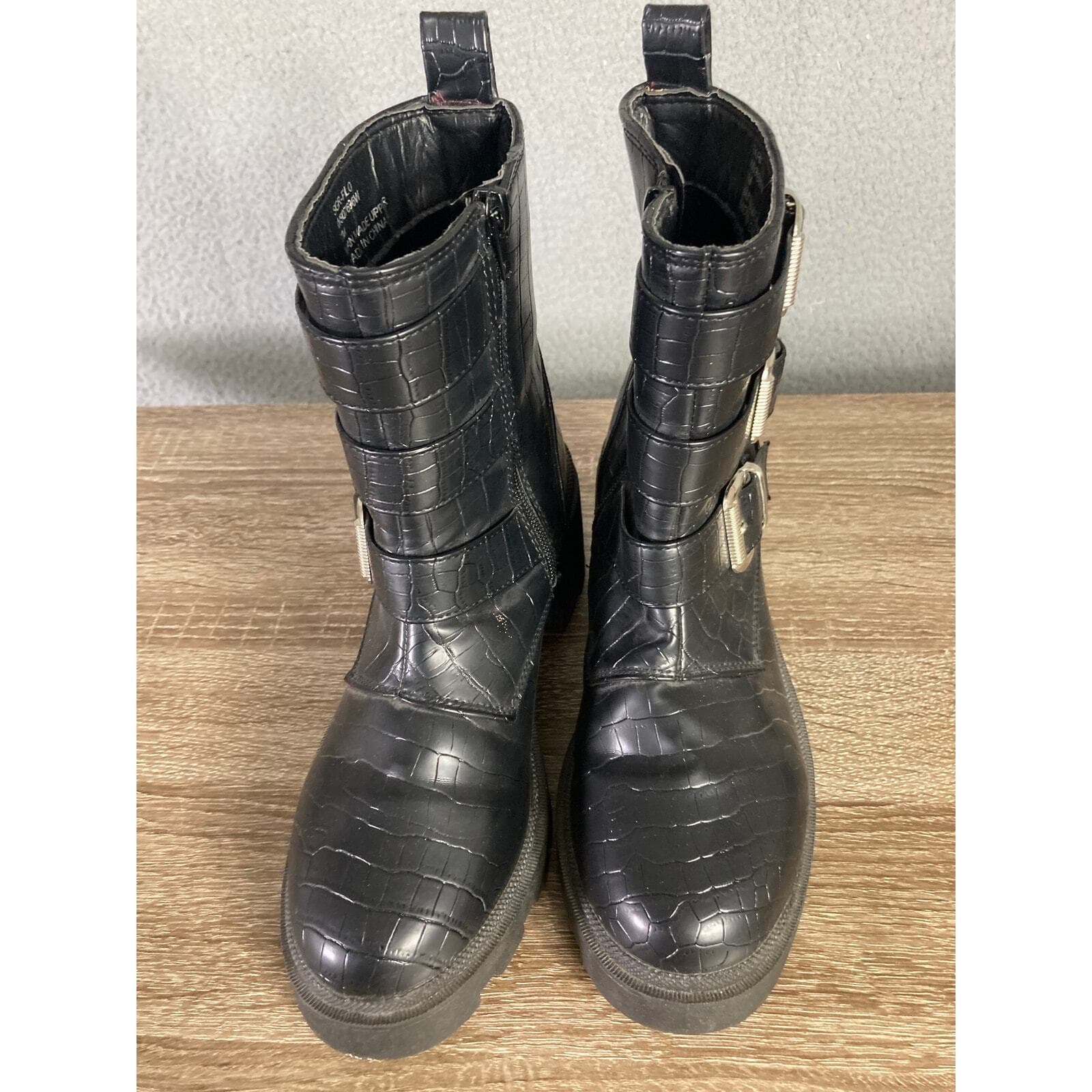 Sugar Women's Black Embossed Triple Buckle Combat Boots 7M - Thumbnail 6