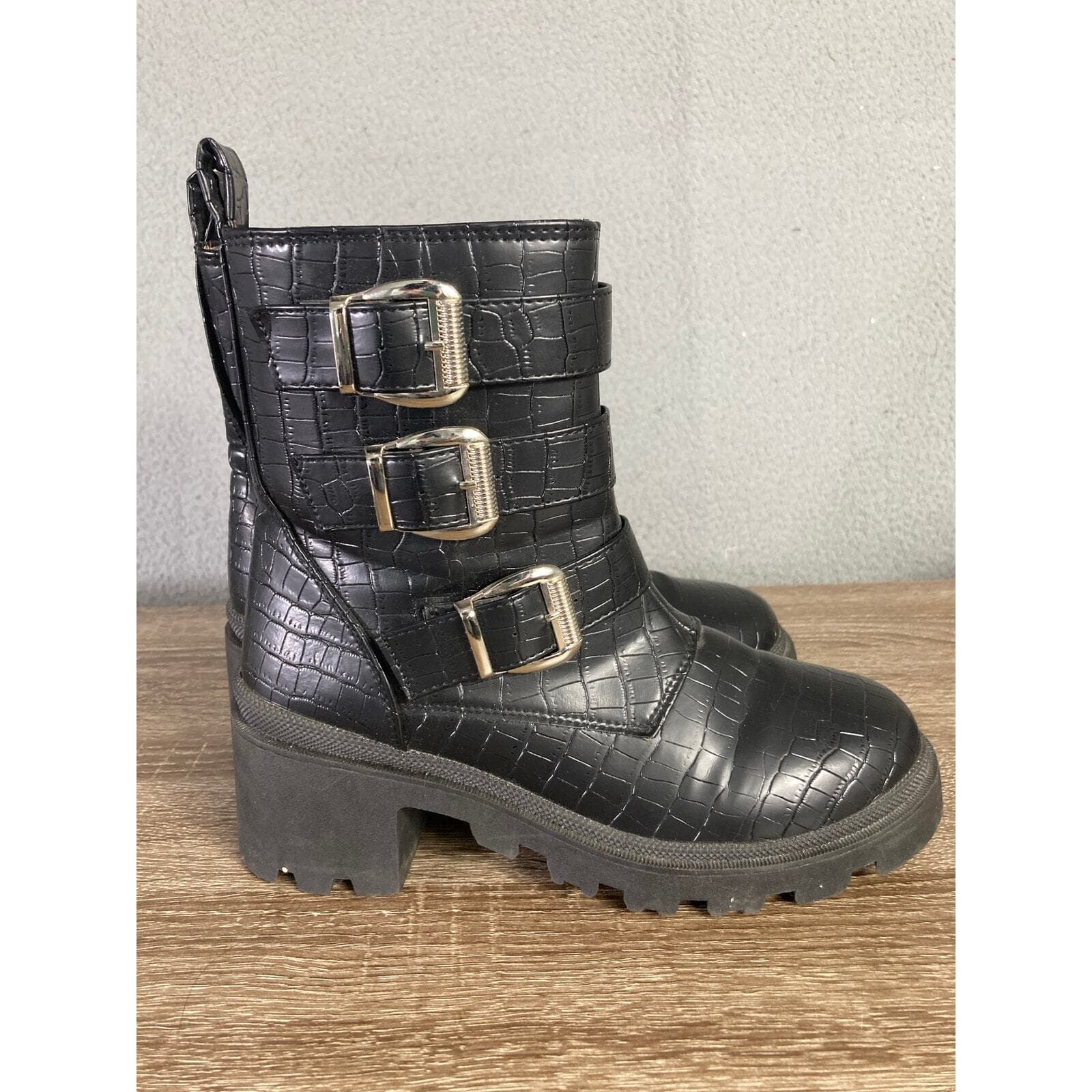 Sugar Women's Black Embossed Triple Buckle Combat Boots 7M - Thumbnail 2