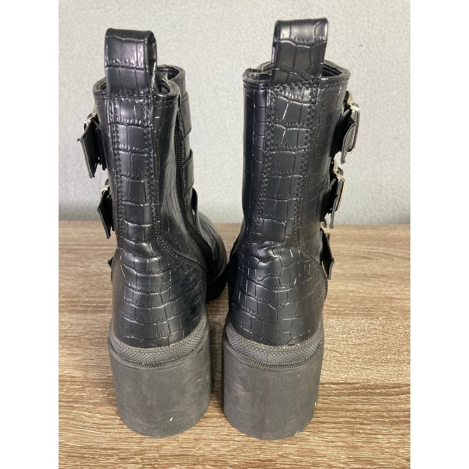 Sugar Women's Black Embossed Triple Buckle Combat Boots 7M - Thumbnail 13