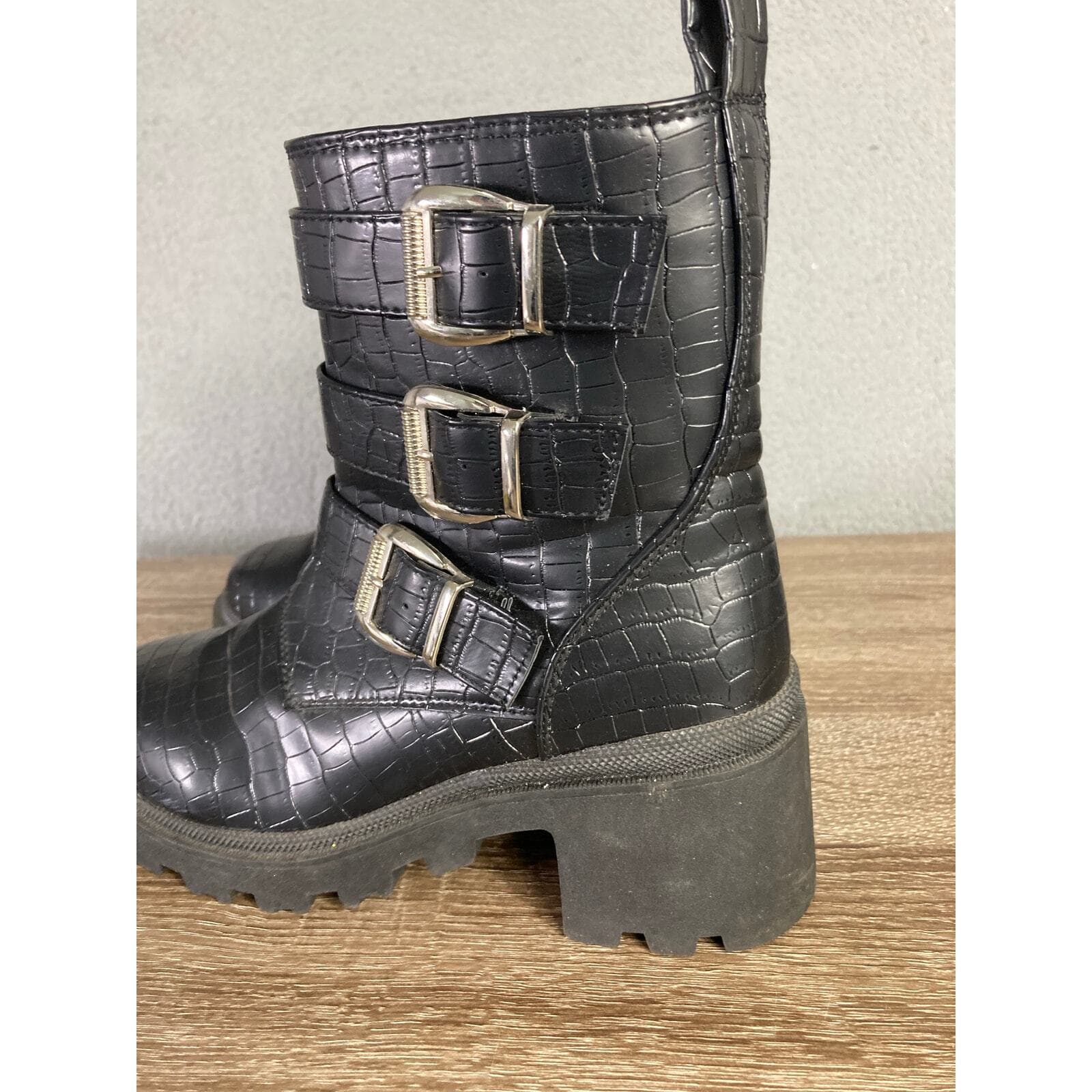 Sugar Women's Black Embossed Triple Buckle Combat Boots 7M - Thumbnail 11