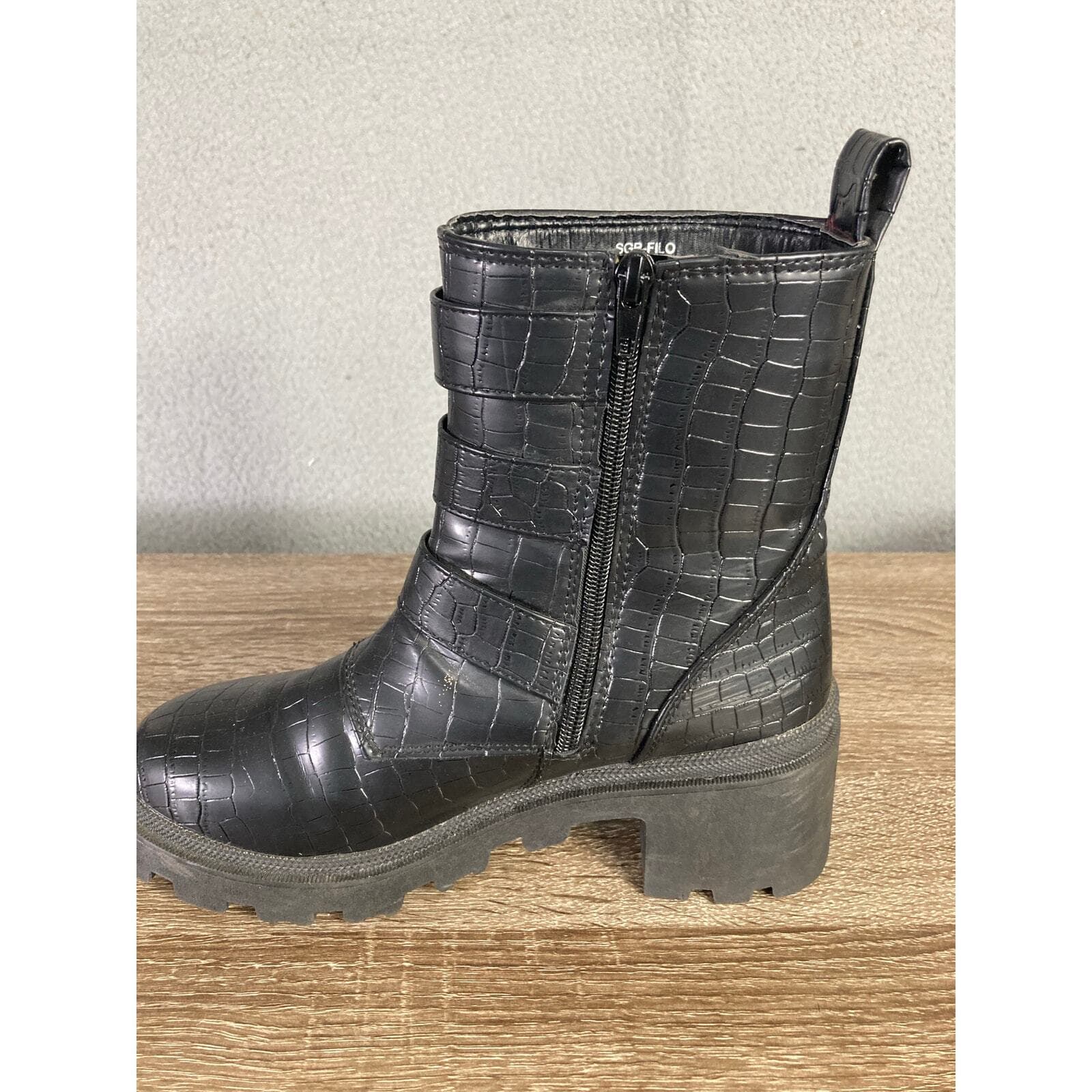 Sugar Women's Black Embossed Triple Buckle Combat Boots 7M - Thumbnail 10