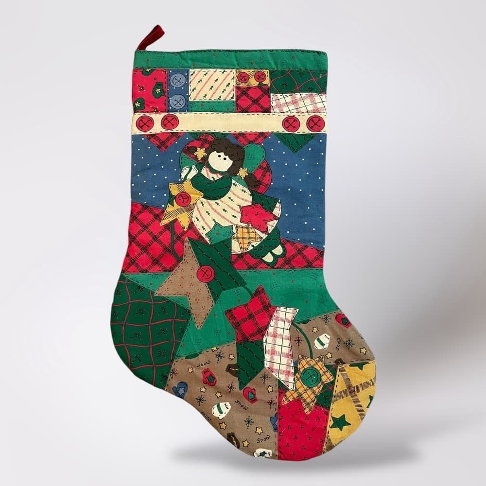 Handmade Quilted Patchwork Christmas Stocking Santa Angel Farmhouse Decor - Thumbnail 2