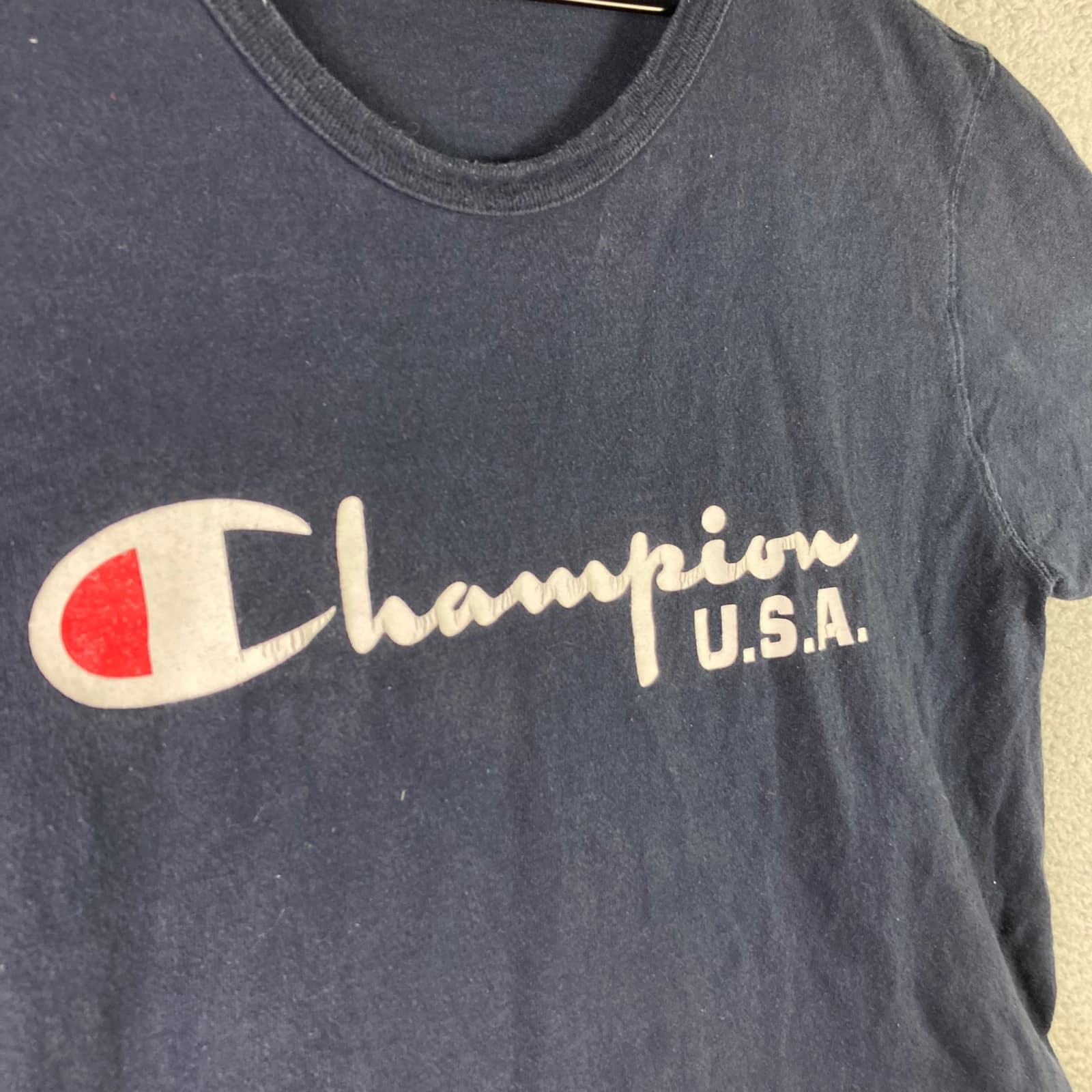 Vintage Champion Reverse Weave T-Shirt Mens XL Blue Logo Short Sleeve Tee Damage - Thumbnail 6