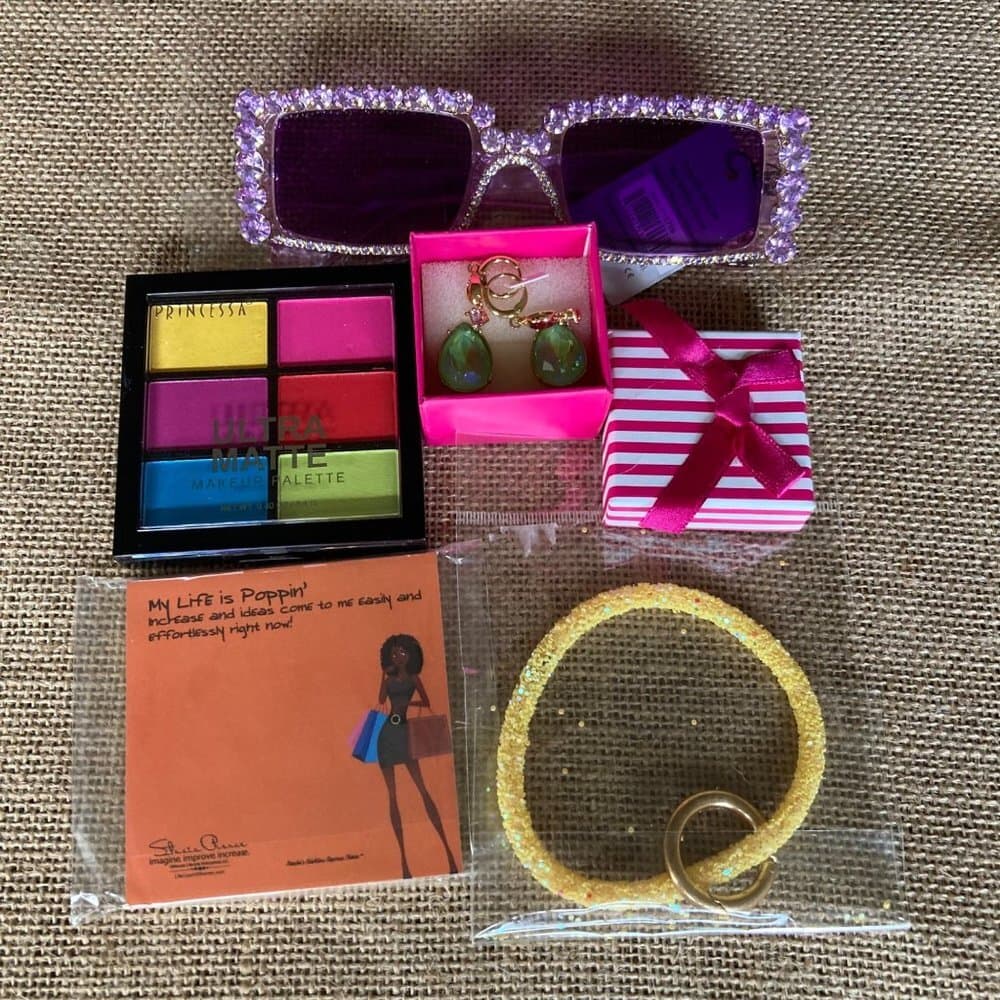 Pink Rhinestone Sunglasses Neon Eyeshadow Palette Earrings Bracelet Makeup Lot
