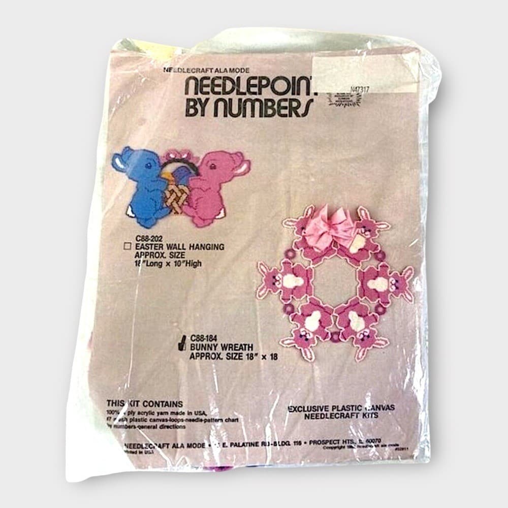 Vintage 1988 Ala Mode Needlepoint Bunny Easter Wreath Plastic Canvas Kit C85184 - Thumbnail 2