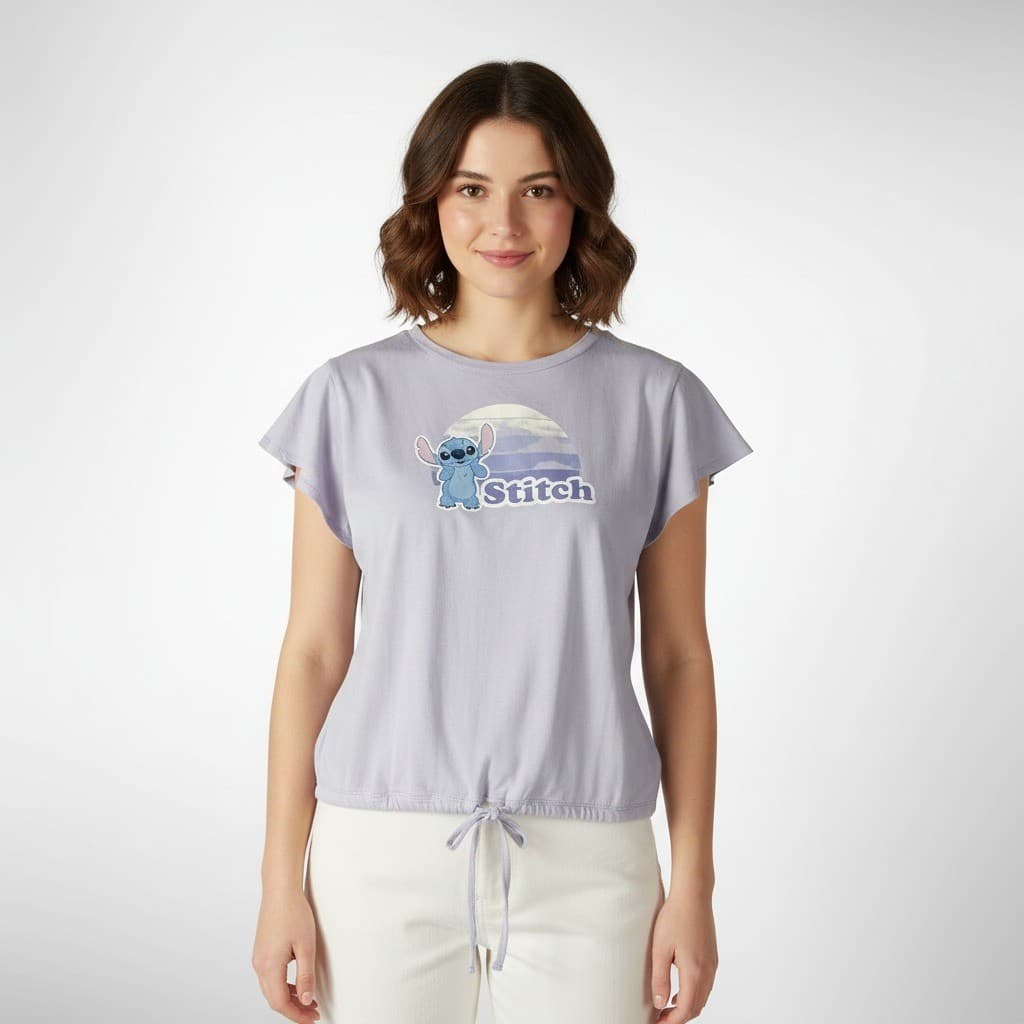 Disney Stitch Tie Waist Graphic T Shirt Womens Medium Purple Character Tee - Thumbnail 2