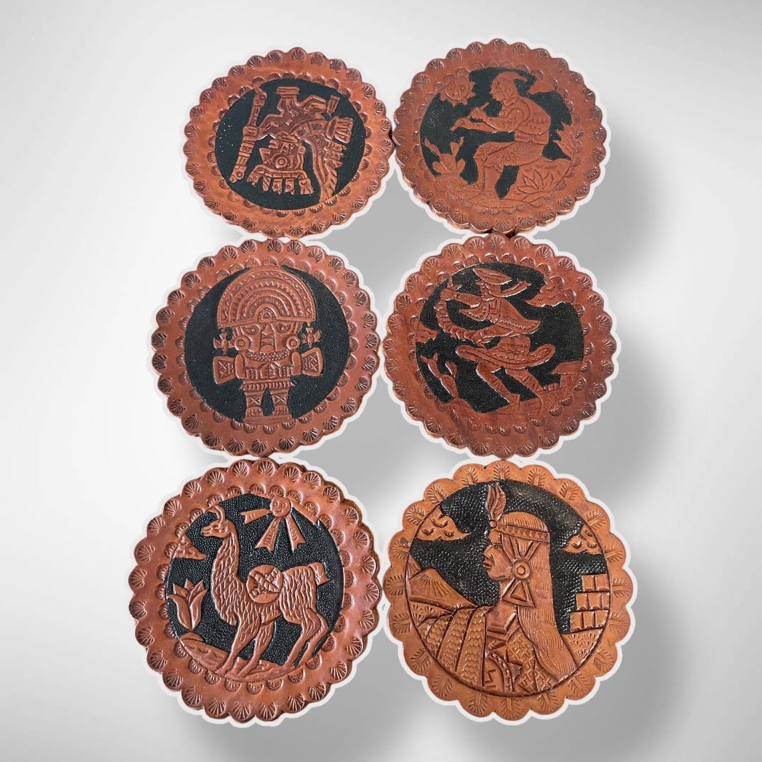 Vintage Set of 6 Peruvian Hand Tooled Leather Coasters Inca Andean Folk Art 5in - Thumbnail 2