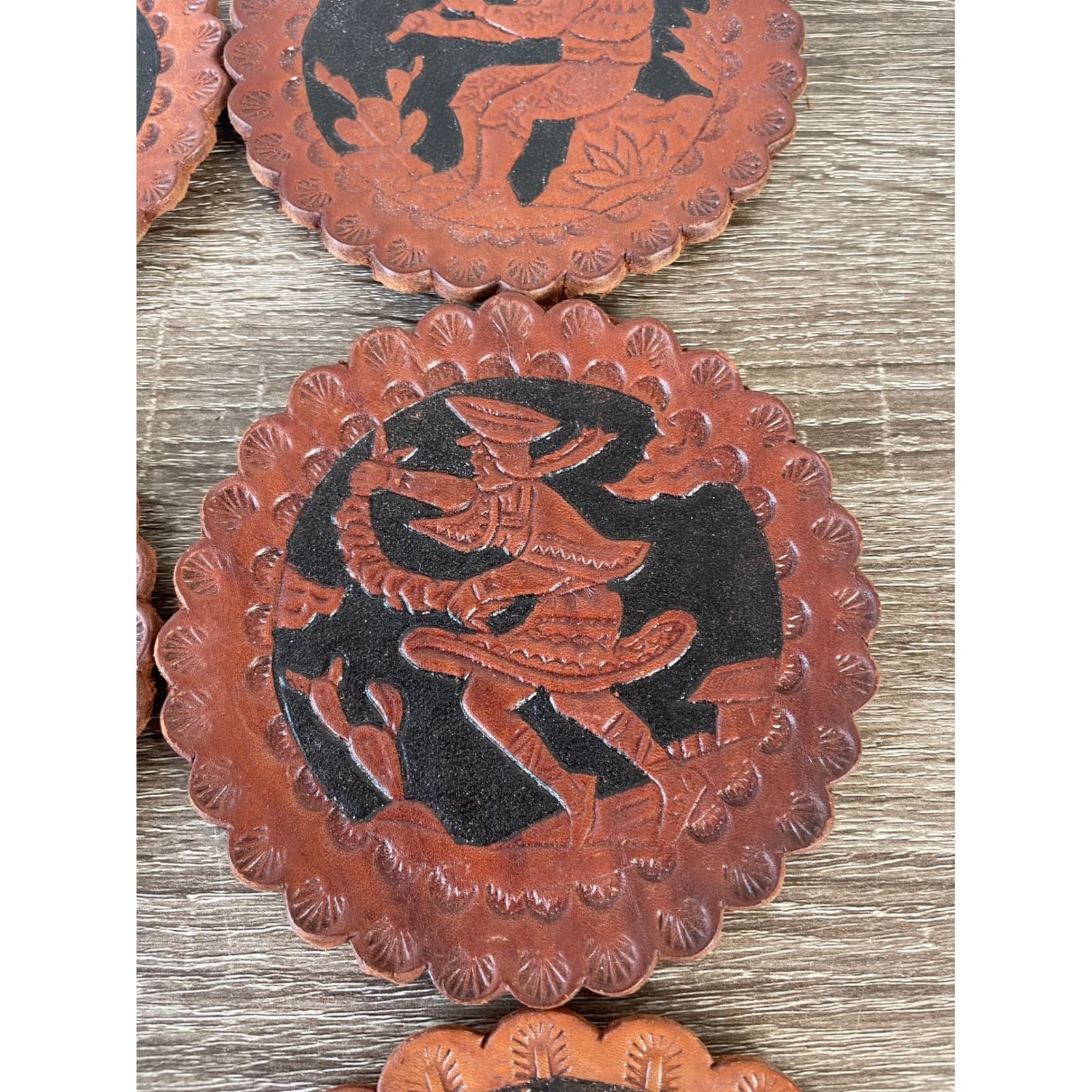 Vintage Set of 6 Peruvian Hand Tooled Leather Coasters Inca Andean Folk Art 5in - Thumbnail 7