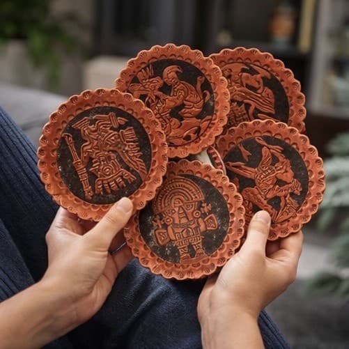 Vintage Set of 6 Peruvian Hand Tooled Leather Coasters Inca Andean Folk Art 5in