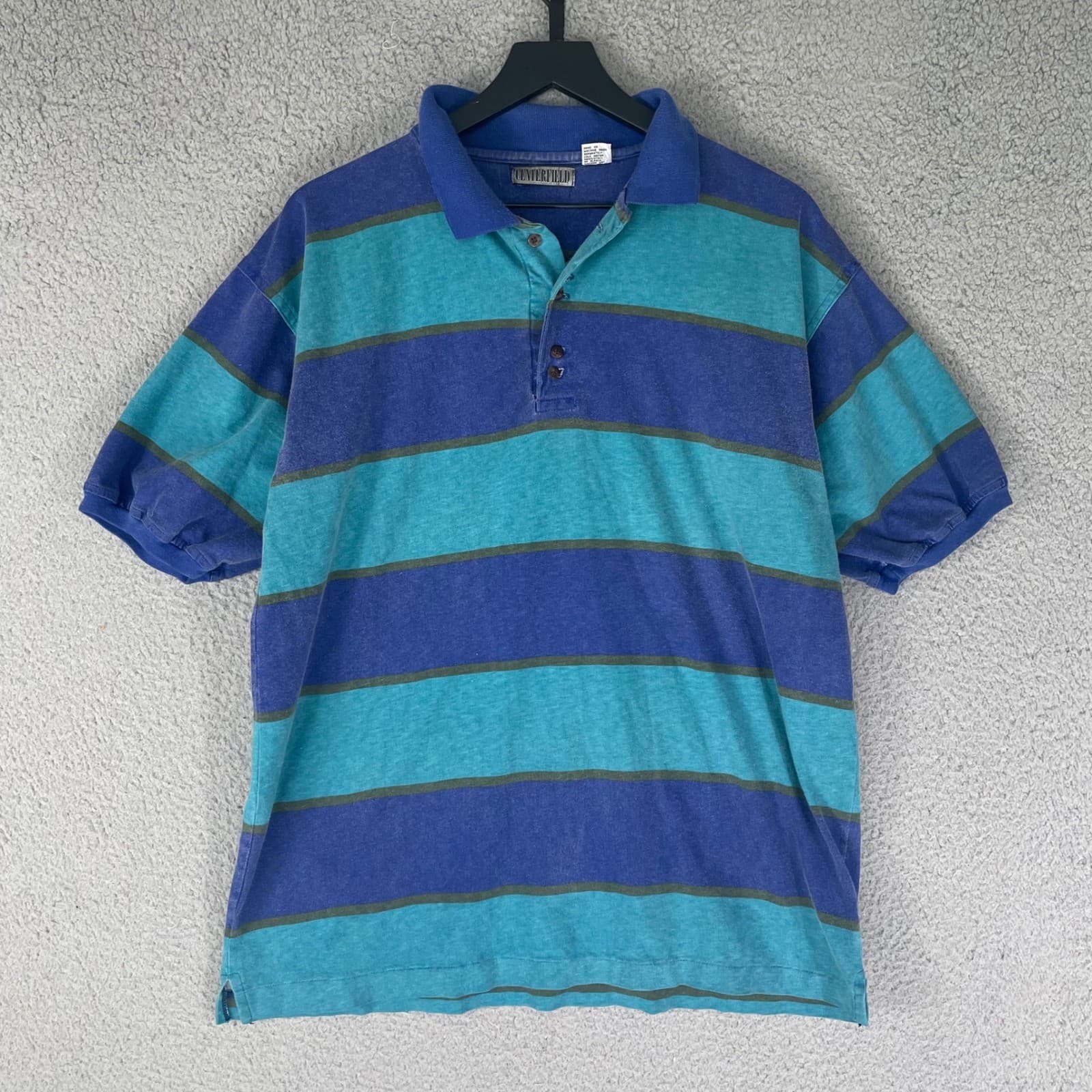 Centerfield Striped Polo Shirt Blue Teal Short Sleeve Cotton Mens Large - Thumbnail 7