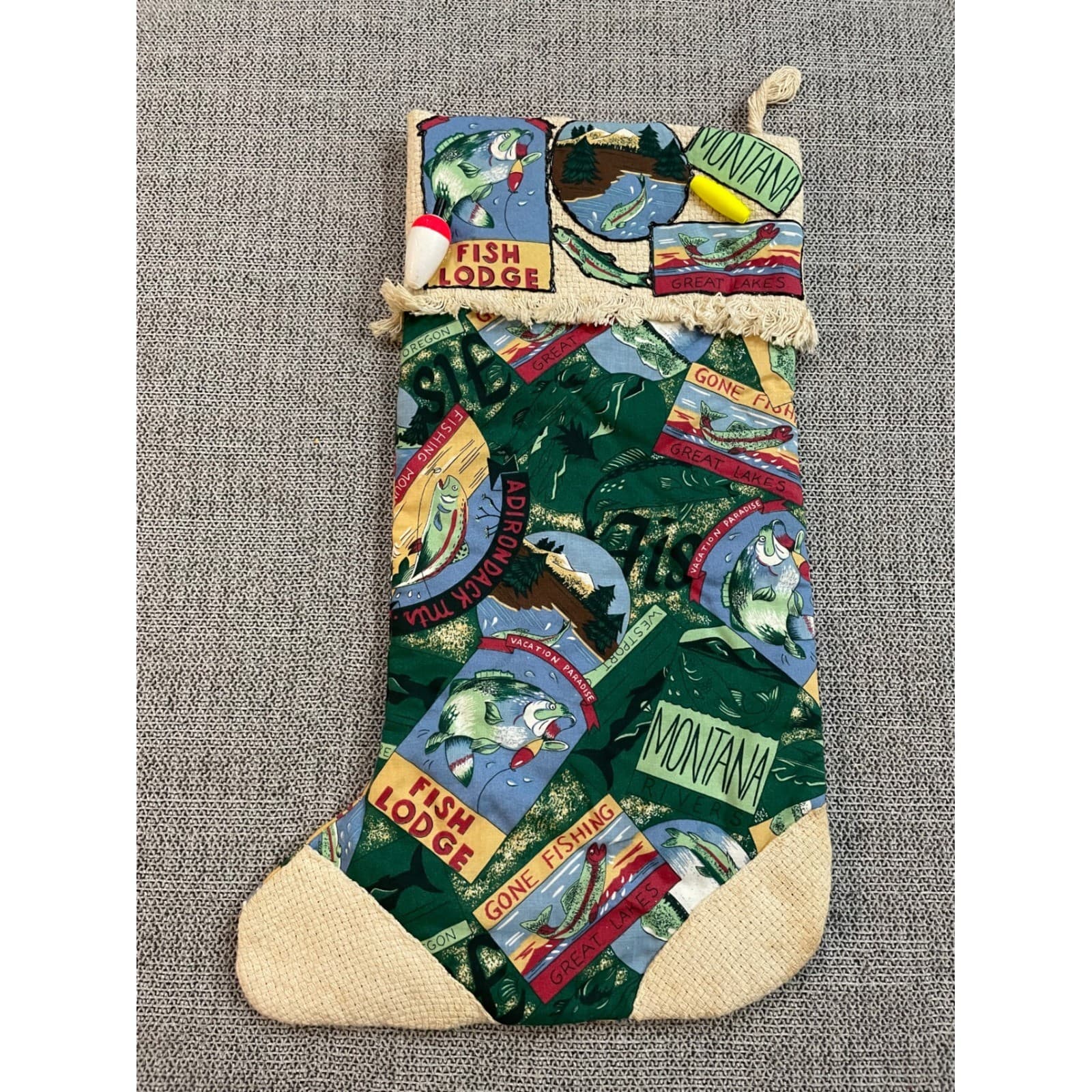 Rustic Fishing Lodge Christmas Stocking Bobber Lure Vintage Blend Burlap - Thumbnail 3