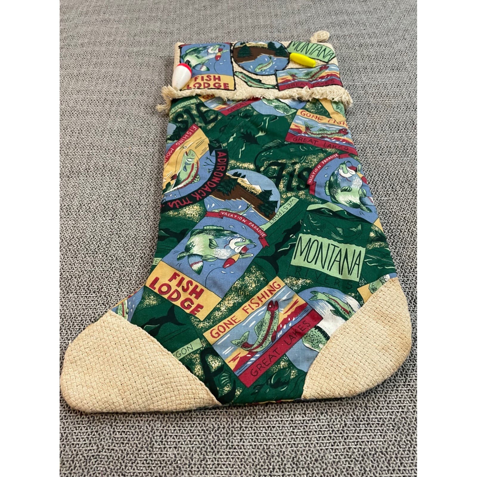 Rustic Fishing Lodge Christmas Stocking Bobber Lure Vintage Blend Burlap - Thumbnail 4
