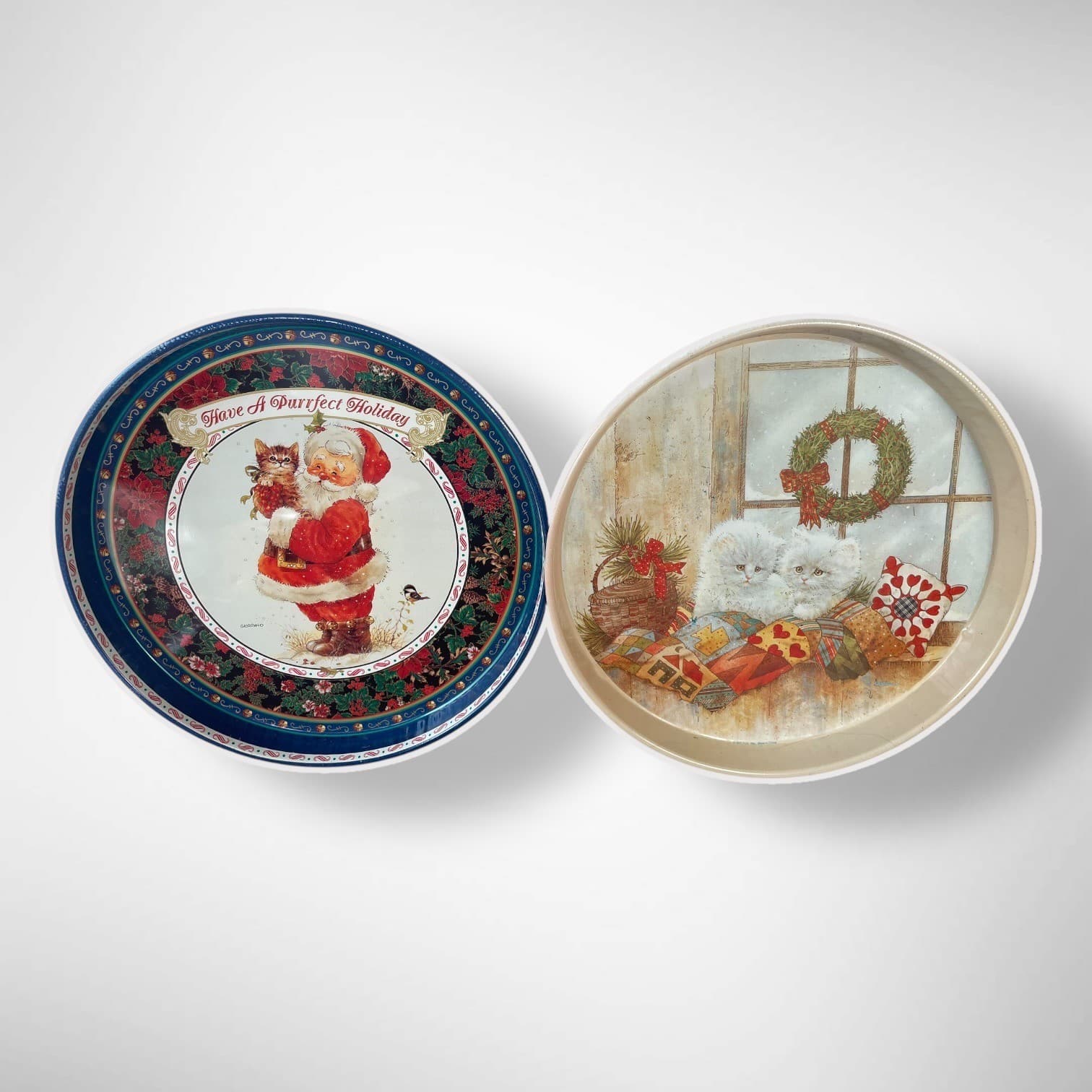 Vintage Christmas Tin Tray Set 2 Santa Kittens Purrfect Holiday Retro Decor 90s - Thumbnail 2