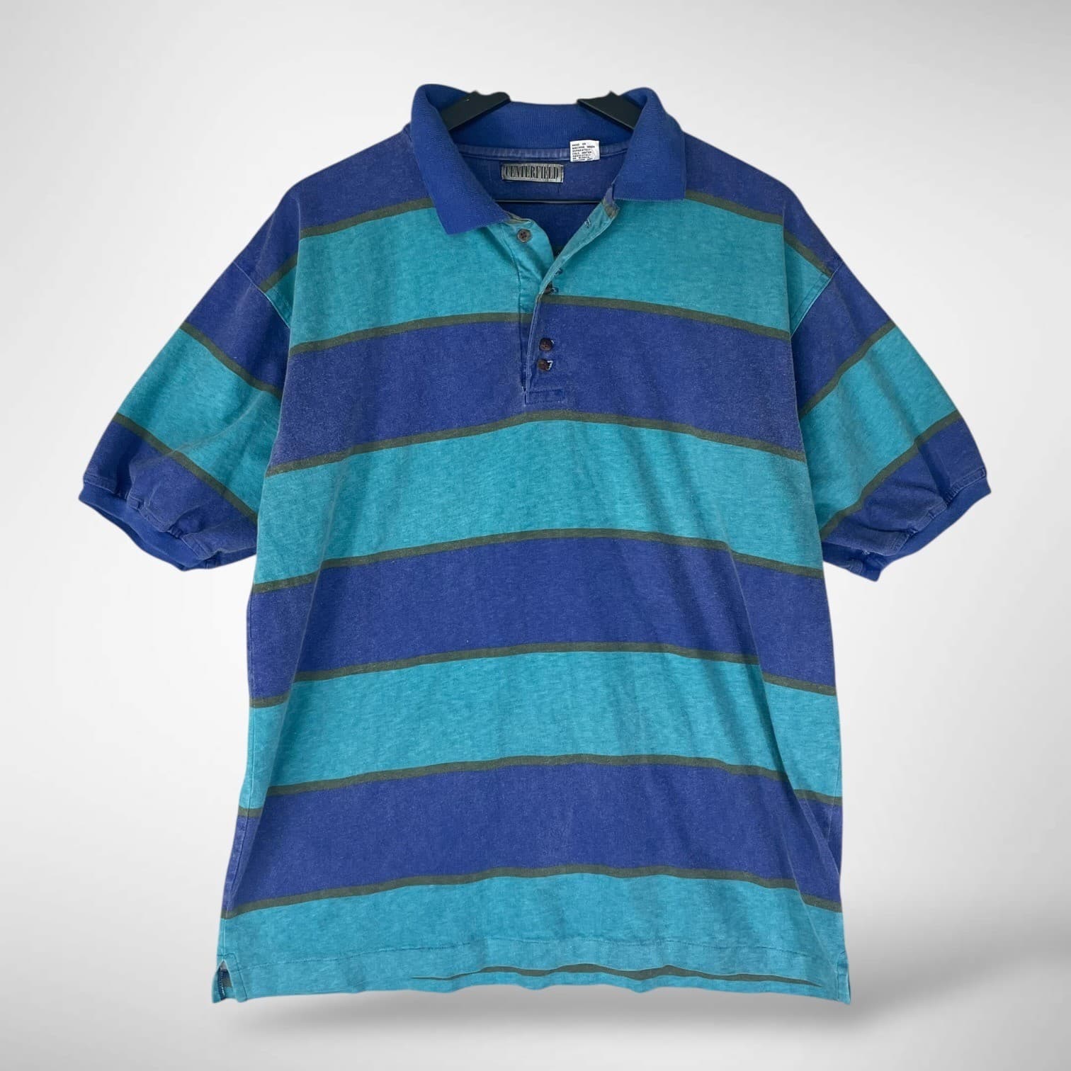 Centerfield Striped Polo Shirt Blue Teal Short Sleeve Cotton Mens Large - Thumbnail 2
