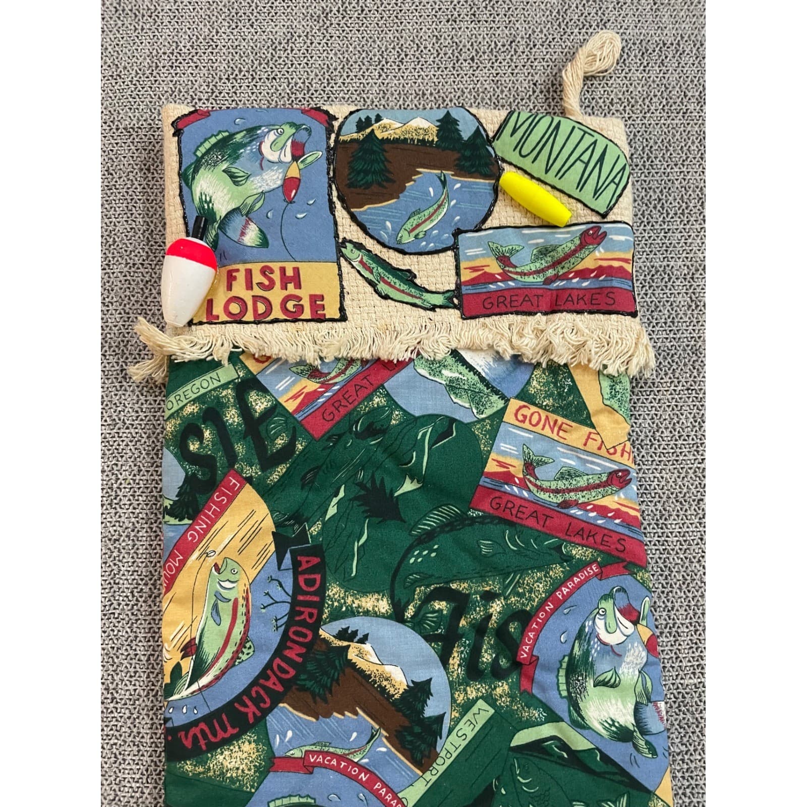 Rustic Fishing Lodge Christmas Stocking Bobber Lure Vintage Blend Burlap - Thumbnail 5