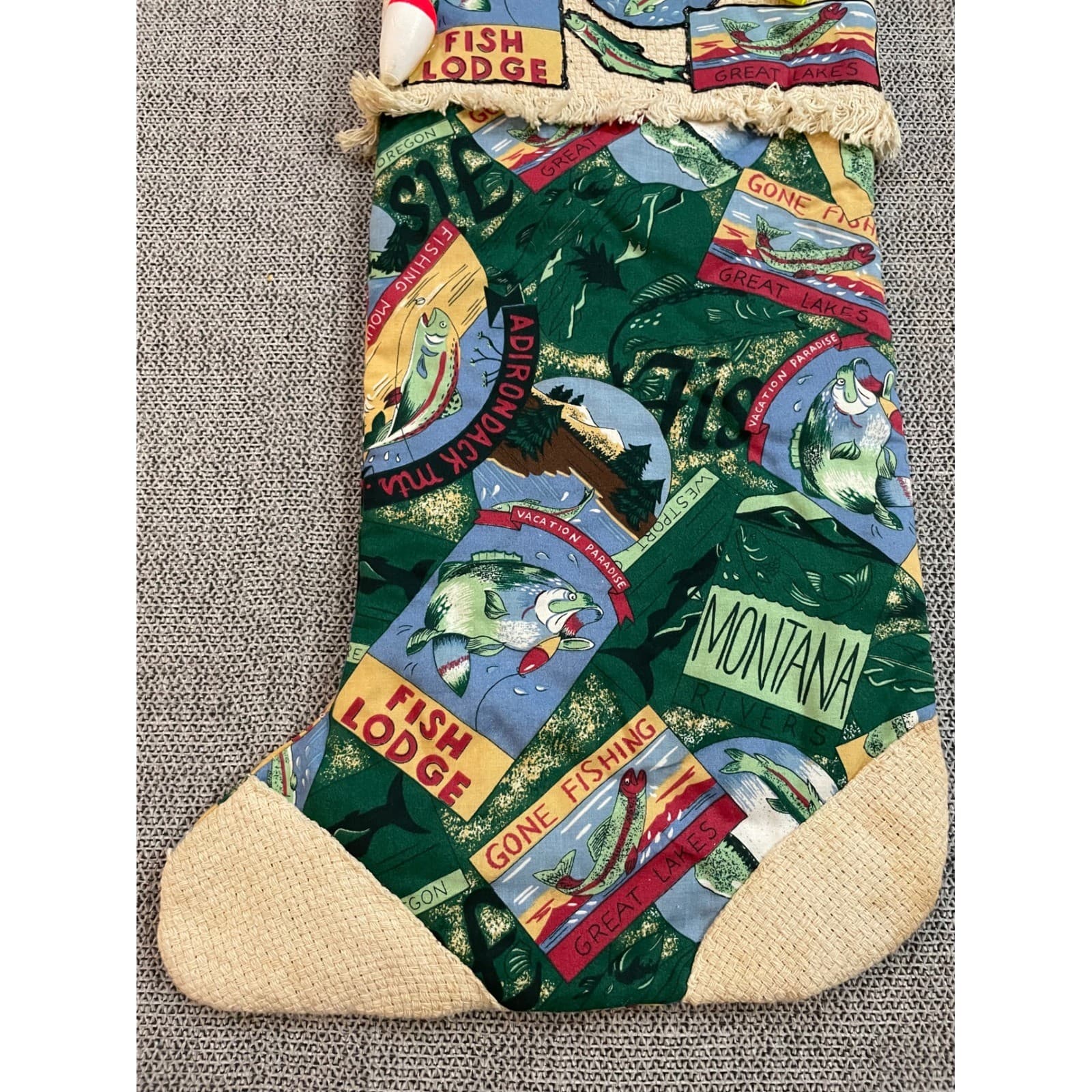 Rustic Fishing Lodge Christmas Stocking Bobber Lure Vintage Blend Burlap - Thumbnail 6