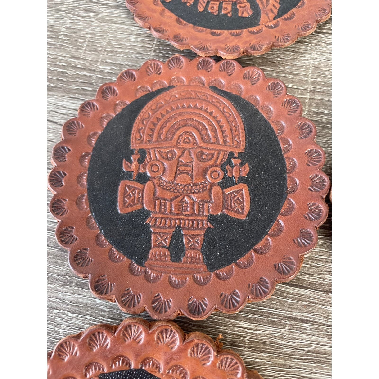 Vintage Set of 6 Peruvian Hand Tooled Leather Coasters Inca Andean Folk Art 5in - Thumbnail 8