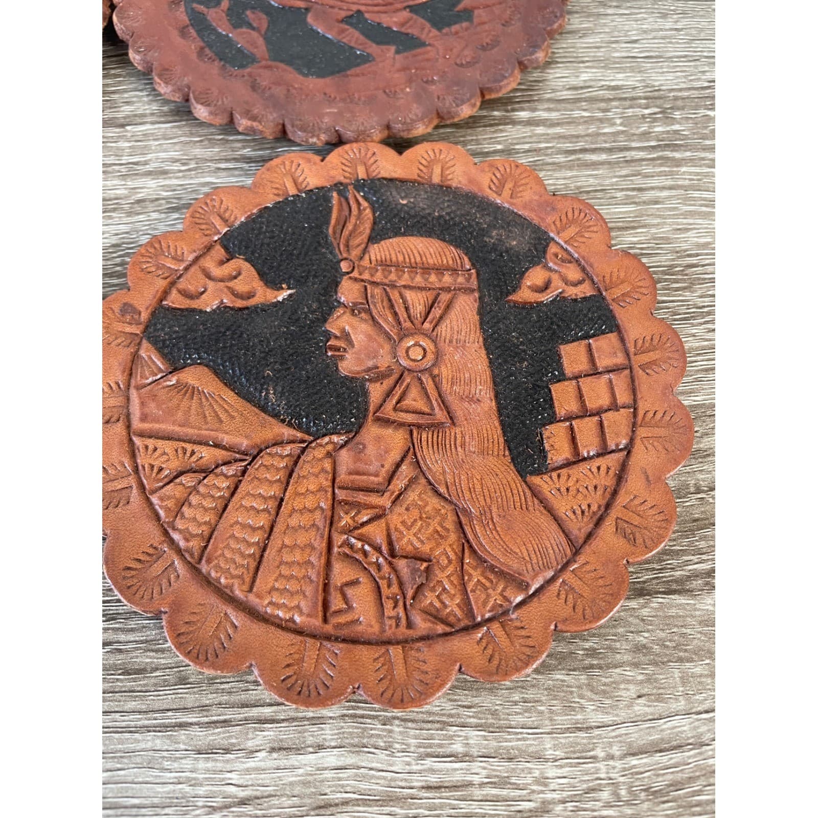 Vintage Set of 6 Peruvian Hand Tooled Leather Coasters Inca Andean Folk Art 5in - Thumbnail 10
