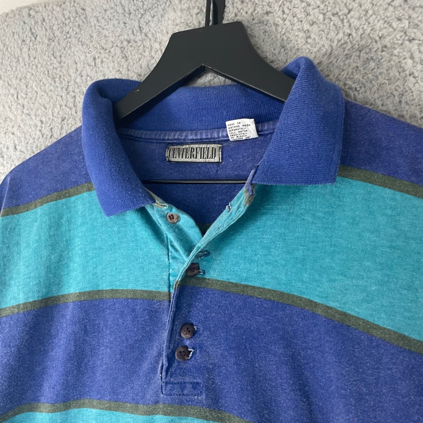Centerfield Striped Polo Shirt Blue Teal Short Sleeve Cotton Mens Large - Thumbnail 11