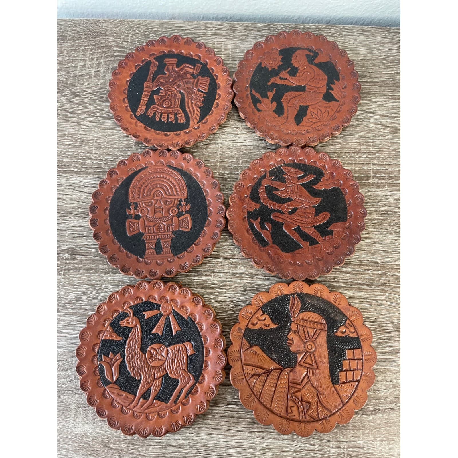 Vintage Set of 6 Peruvian Hand Tooled Leather Coasters Inca Andean Folk Art 5in - Thumbnail 4